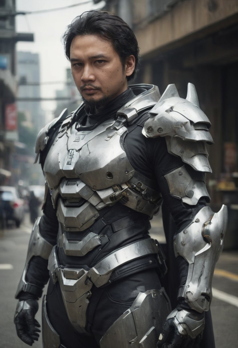 cip4rf,  asian (masterpiece,  best quality,  ultra-detailed,  best shadow),  cinematic film still,  photo of a man wearing a high tech scifi armor,  mecha armor,  male focus,  armor,  solo,  facial hair,  cape,  beard,  looking at viewer,  black eyes,  with glasess,  blurry background,  power armor,  knee protection,  standing,  brown hair,  science fiction,<lora:EMS-291717-EMS:0.800000>,<lora:EMS-86248-EMS:0.800000>