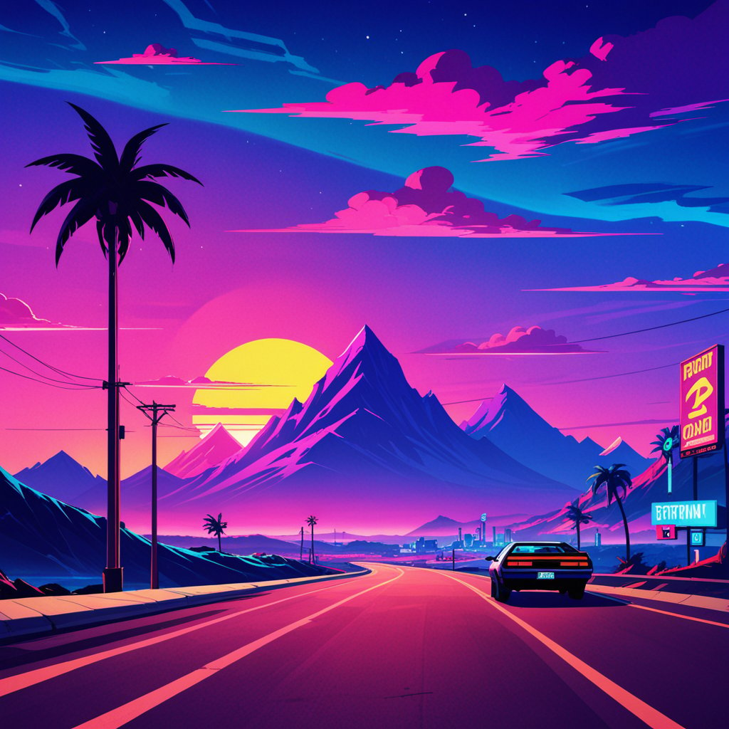 (vaporwave, by Riendonut, by Christopher Balaskas), sunset, plam, road, horizon, 80's theme, billboard, cyberpunk, mountain, cloud, detailed background, 2k, 4k, depth of field