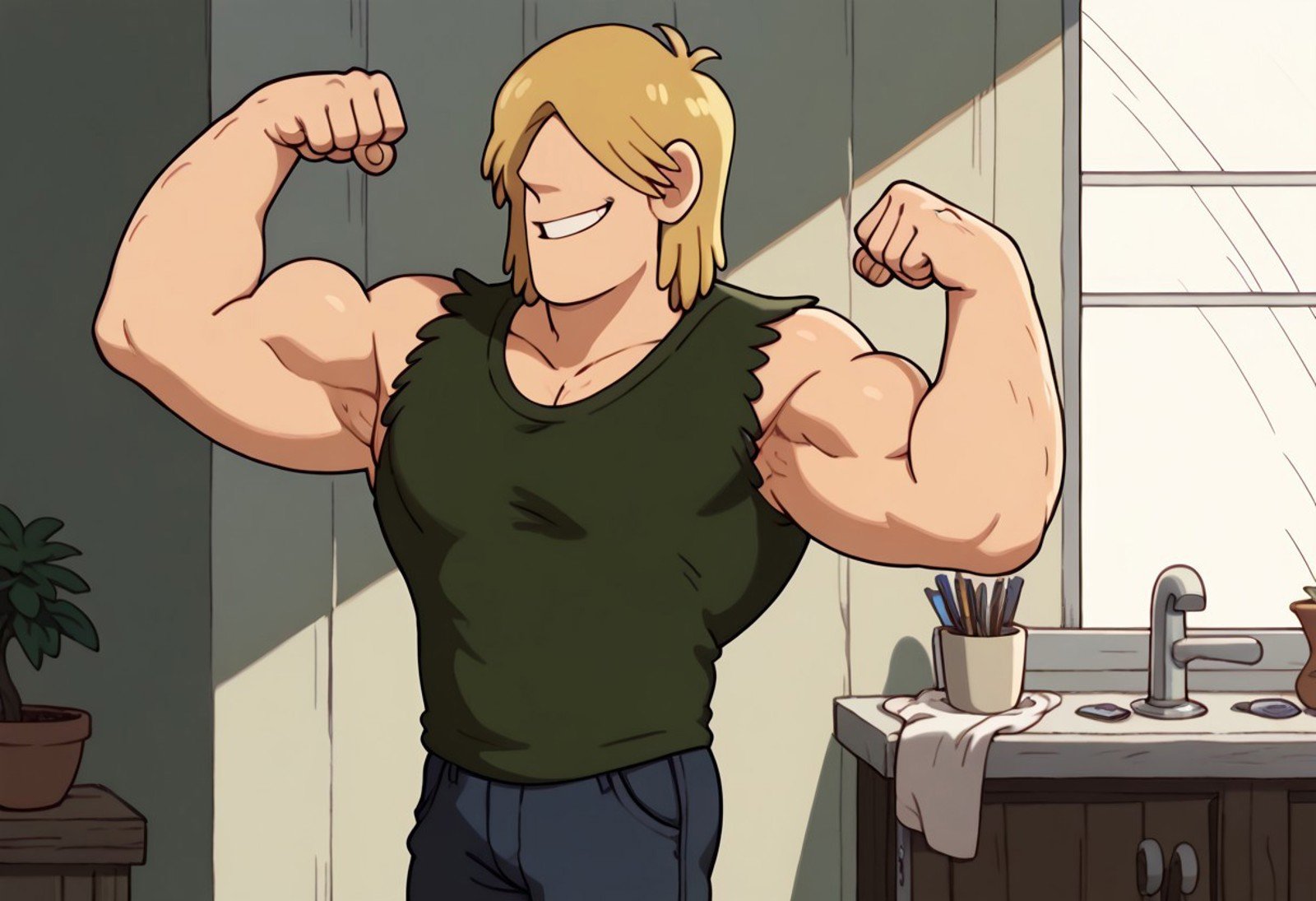 score_9, score_8_up, score_7_up BREAK TnnrCl, 1boy, shoulder-length blonde hair, hair covering eyes, dark green tank top, dark blue pants, cowboy shot, flexing for viewer, smiling,