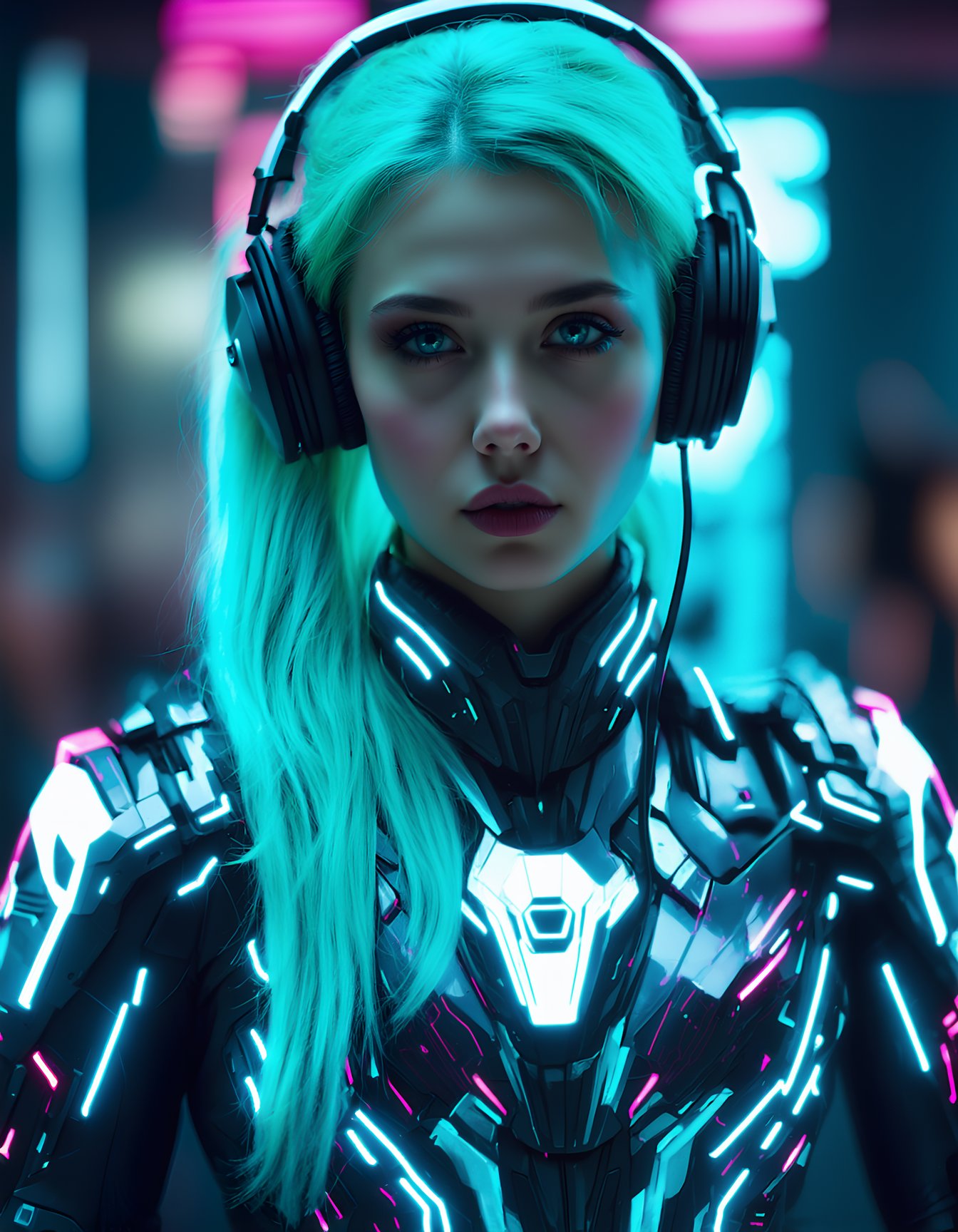 (best quality, 4k, 8k, highres, masterpiece), ultra-detailed, face makeup, cosmetic makeup, woman, long hair, looking at viewer, blue eyes, upper body, ponytail, green hair, blurry, lips, blurry background, aqua hair, bodysuit, depth of field, headphones, forehead, science fiction, realistic, neon trim, cyberpunk, neon lights,