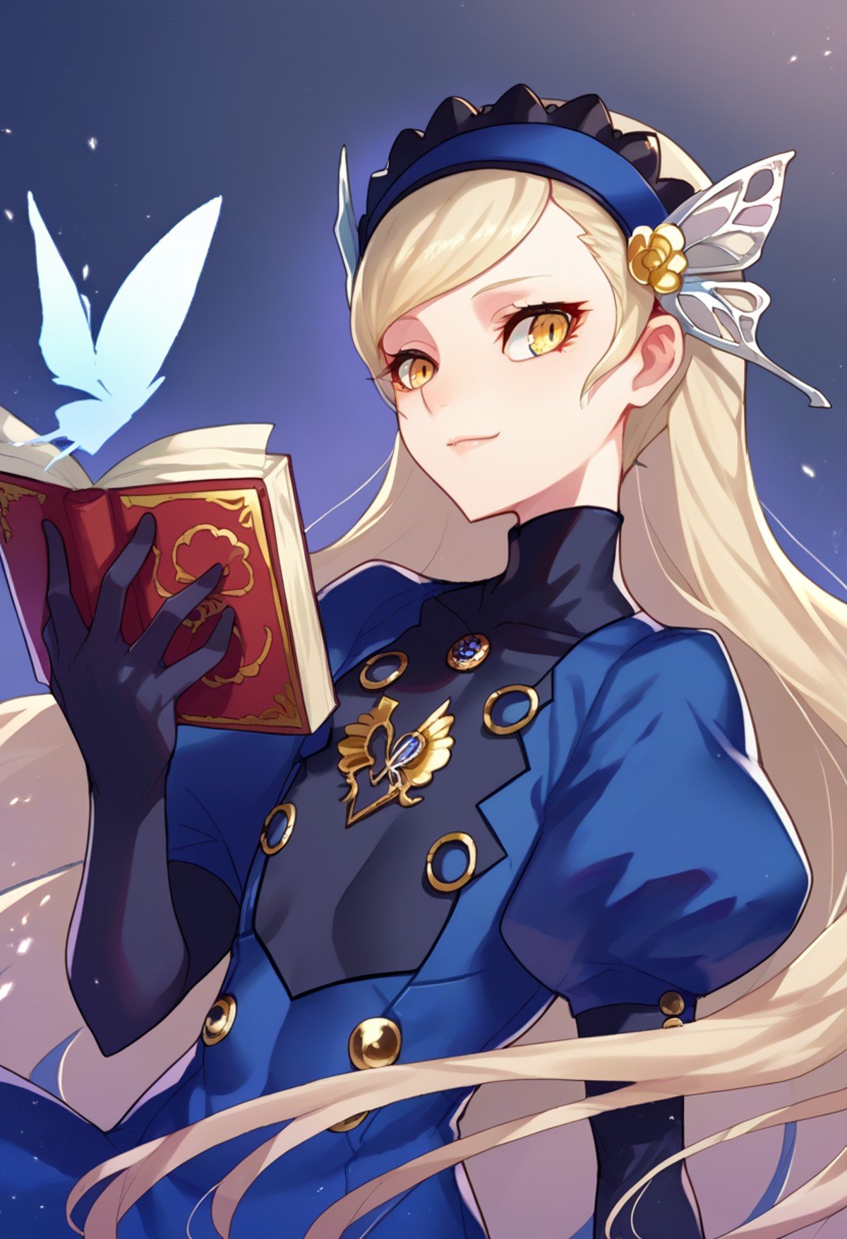 solo, smile, holding book, blue book, indoors, blue room, <lora:Lavenza-P5:0.8> lavenza, 1girl, yellow eyes, blonde hair, very long hair, flat chest, hairband, butterfly hair ornament, blue puffy sleeves, black elbow gloves, buttons on chest, blue dress,  <lora:Ban!_(bansankan)_PonyXL_style_v01:1>, score_9, score_8_up, score_7_up, source_anime,