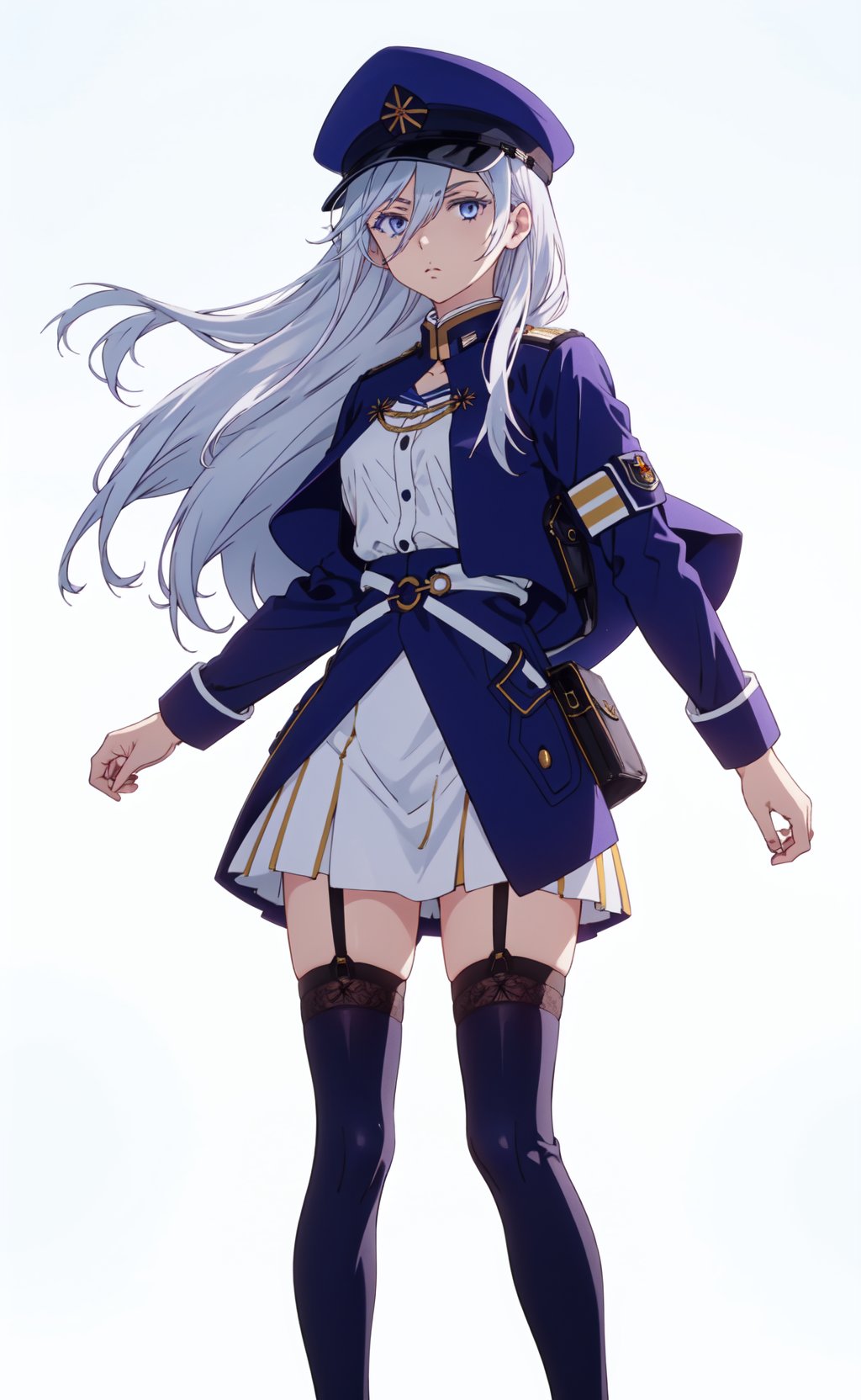 <lora:Milize-000014:0.8>,Milize CYQL,1girl,looking at viewer,solo,military hat,white hair,long hair,hair between eyes,blue eyes,military uniform,long sleeves,blue jacket,jacket,belt,skirt,garter straps,thighhighs,white thighhighs,zettai ryouiki,hat,yellow background,simple background,posing,masterpiece,best quality,beautiful and aesthetic,