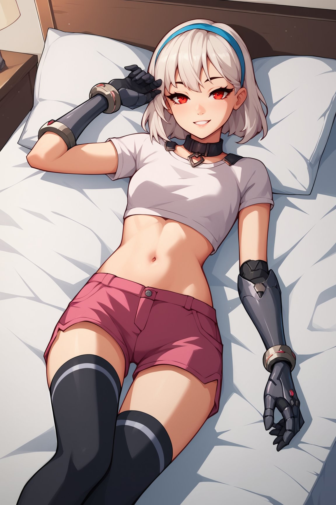 score_9, score_8_up, score_7_up, score_6_up, score_5_up, score_4_up, LexaFEXL, red eyes, white hair, short hair, blue hairband, bangs, black collar, mechanical arms, small breasts, white crop top, short sleeves, navel, (pink shorts), black thighhighs, solo, lying on bed, seductive smile, looking at viewer, indoors <lora:LexaFEXL:0.9>