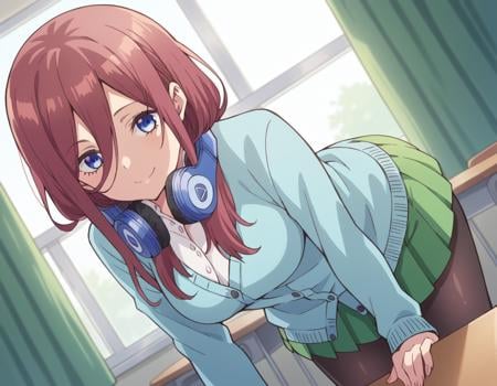 score_9, score_8_up, score_7_up, source_anime,mikunakano, <lora:miku-nakano-s1-ponyxl-lora-nochekaiser:1>, miku nakano, long hair, bangs, blue eyes, brown hair, shirt, hair between eyes, headphones, headphones around neck,skirt, shirt, long sleeves, white shirt, pantyhose, pleated skirt, black pantyhose, cardigan, green skirt, blue cardigan,indoors, classroom, bent over, smile,looking at viewer, cowboy shot, dutch angle, solo,