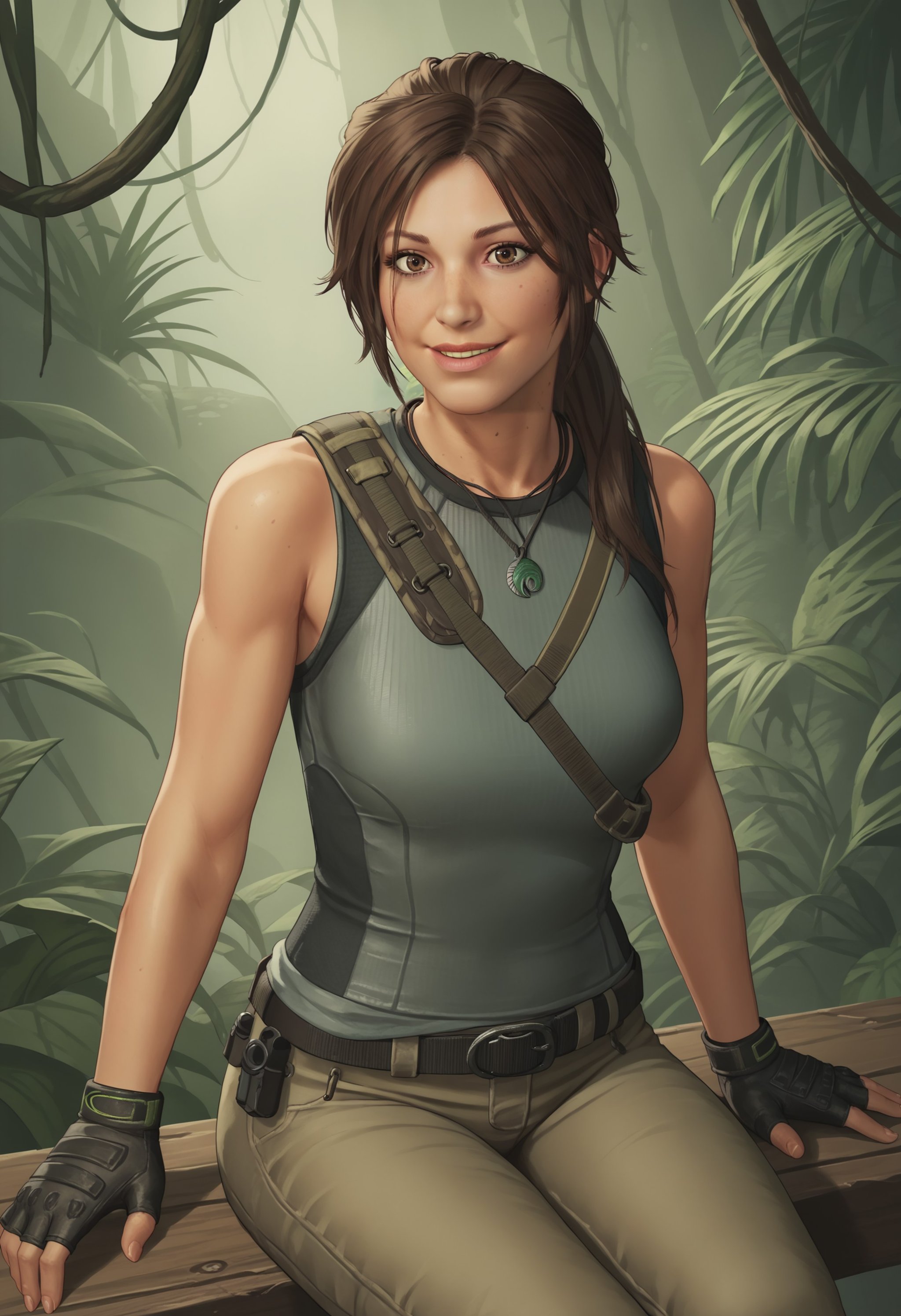 score_9, score_8_up, score_7_up, score_6_up, score_5_up, score_4_up, 1girl,  <lora:LaraCroftSOTTR:0.85> solo, breasts, brown eyes, ponytail, brown hair, lips, sleeveless, fingerless gloves, pants, belt, jewelry, pendant, looking at viewer, smile, sitting, jungle background,