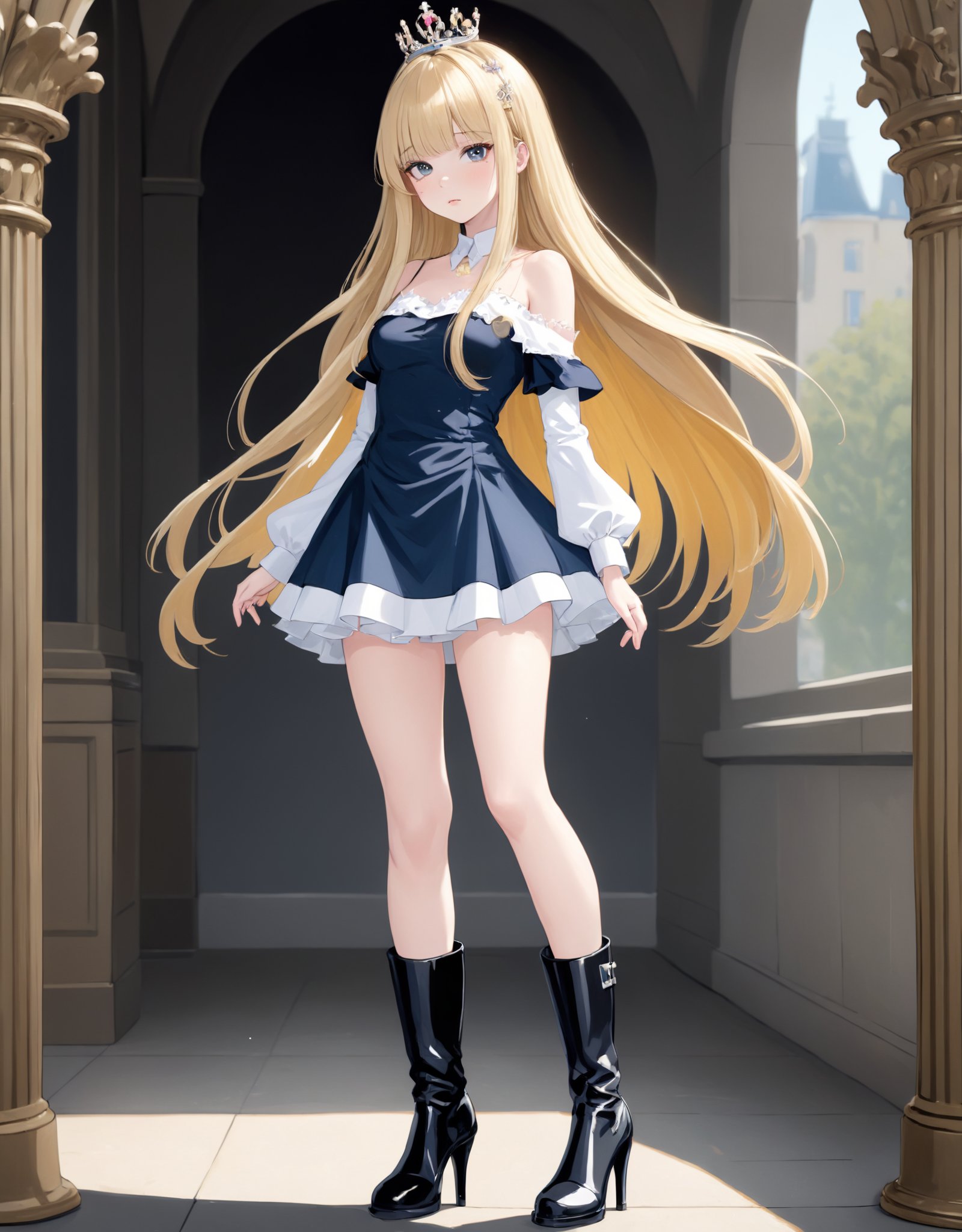 photograph, absurdres, highres, ultra detailed, 1girl, blond hair, long hair, straight hair, french hair, parted bangs bangs, serafuku tiara high heel boots,