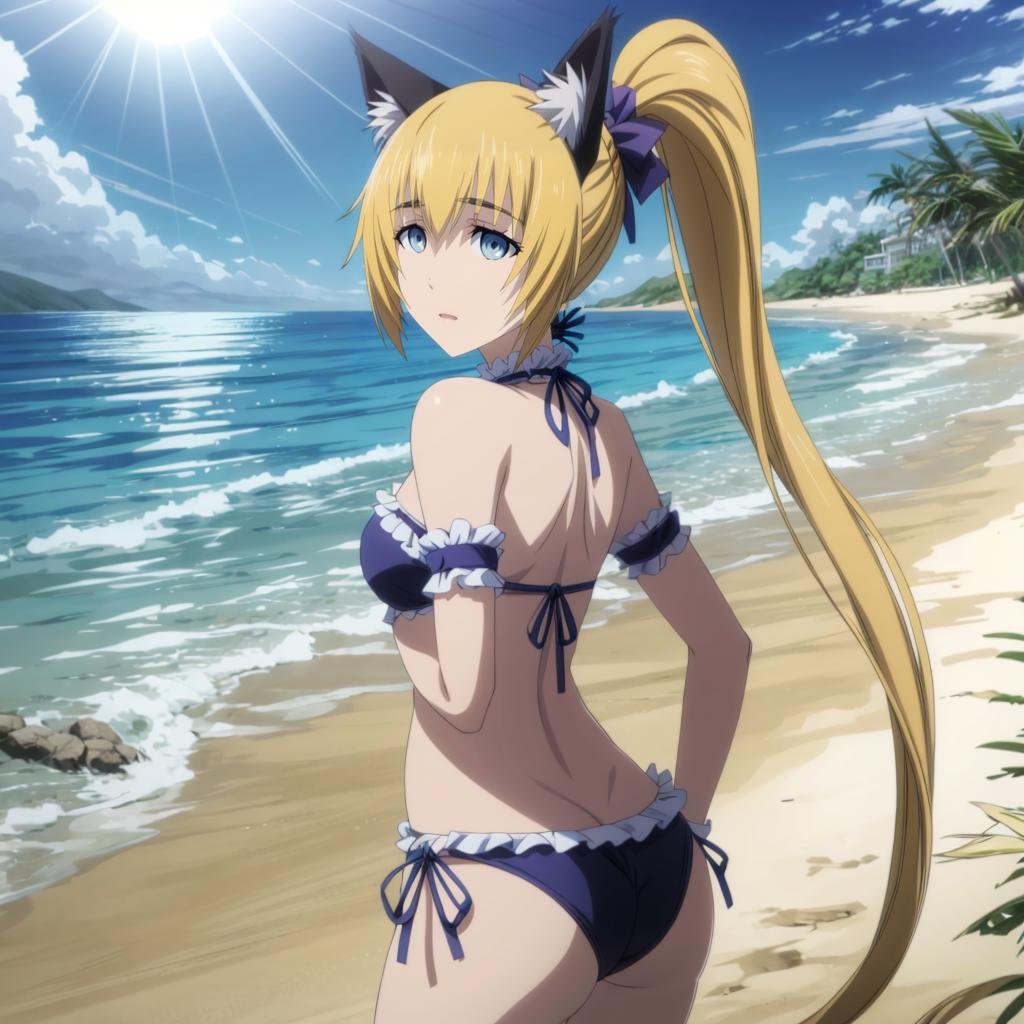 <lora:MayuriShiina002:0.7>,<lora:add_detail:1>,<lora:boldline:-0.8>,<lora:noline:0.3>,Mayurimaid,cat ears,ponytail,bikini,ocean,beach,sunshine,