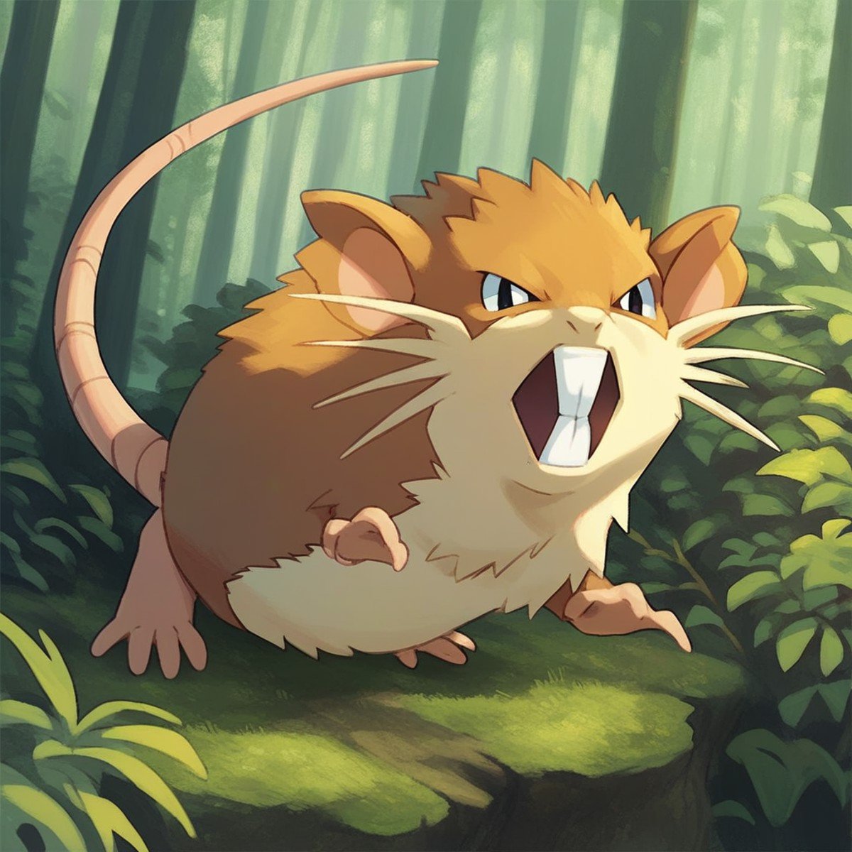 (source_anime, score_9, score_8_up, score_7_up:1), solo male, raticate, feral, looking at viewer, outdoors, forest