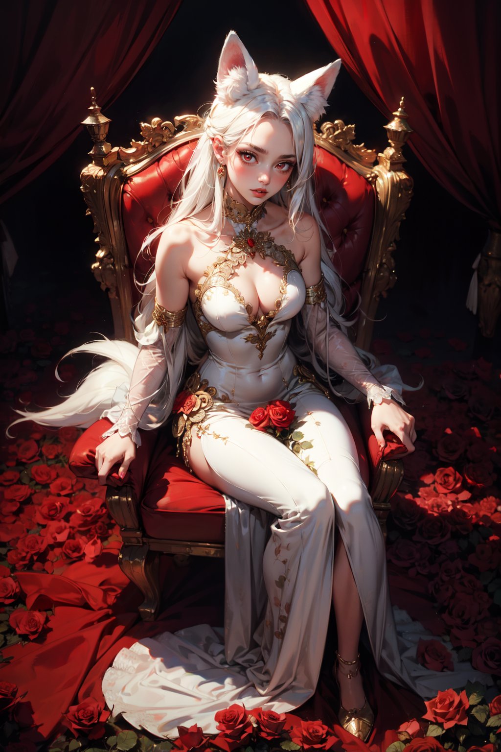 masterpiece, best quality, absurdres,1girl, gorgeous, sitting on a throne of roses, white hair, long hair, full body shot, from above, opulent, sumptous, parted lips, dreamy, longingly, (detailed face), bare belly, soft lighting, limited palette, shades of red, (red roses all over the background:1.4),nice hands, perfect hands, red eyes, small breast, ((white fox ears)), long lace dress