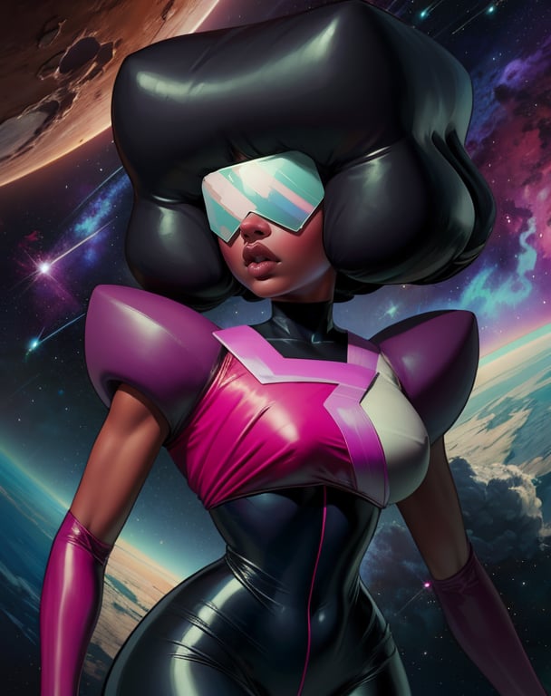 Garnet,blocky hair,afro,navel,standing,upper body,retro shades,serious,chest plate,black and pink bodysuit,large gloves,standing,upper body,outer space,stars,(insanely detailed, beautiful detailed face, masterpiece, best quality),solo,<lora:GarnetShades:0.8>,