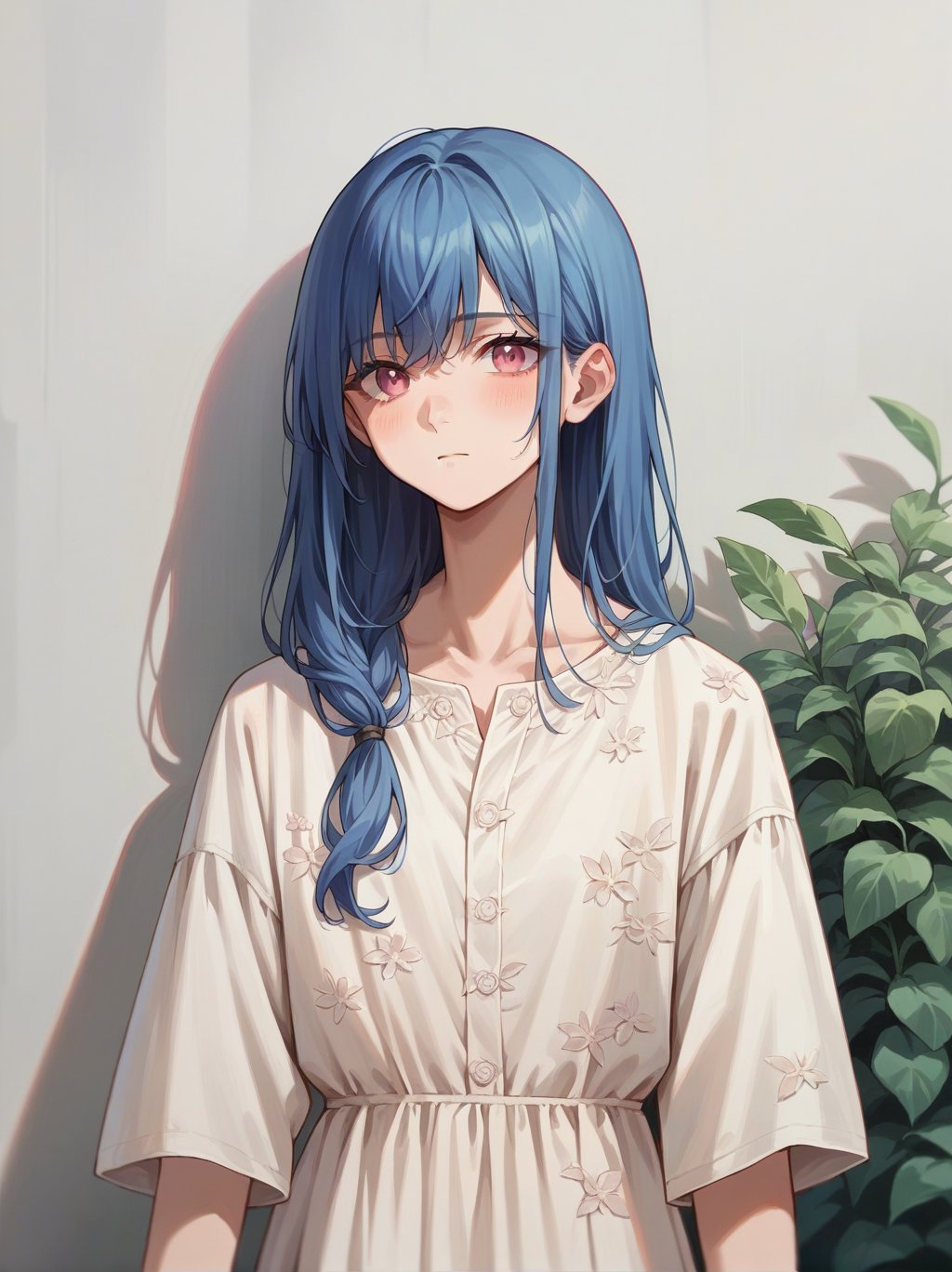 score_9, score_8_up, score_7_up, score_6_up, source_anime, <lora:linen_dress_v0.1-pony:1> 1girl, linen dress,blue hair, pink eyes, upper body, hair over shoulder, 