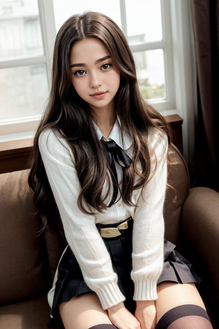 A serene scene unfolds: a single girl, adorned with long brown locks cascading down her back, sits elegantly in a seated position. She wears a crisp school uniform, complete with a pleated black skirt (serafuku) that showcases her toned thighs and kneehighs. White socks peek out from beneath the hemline, adding a touch of innocence to the overall composition. Soft lighting casts a warm glow on her face, emphasizing her serene expression.<lora:EMS-263-EMS:0.600000>, <lora:EMS-179-EMS:0.400000>