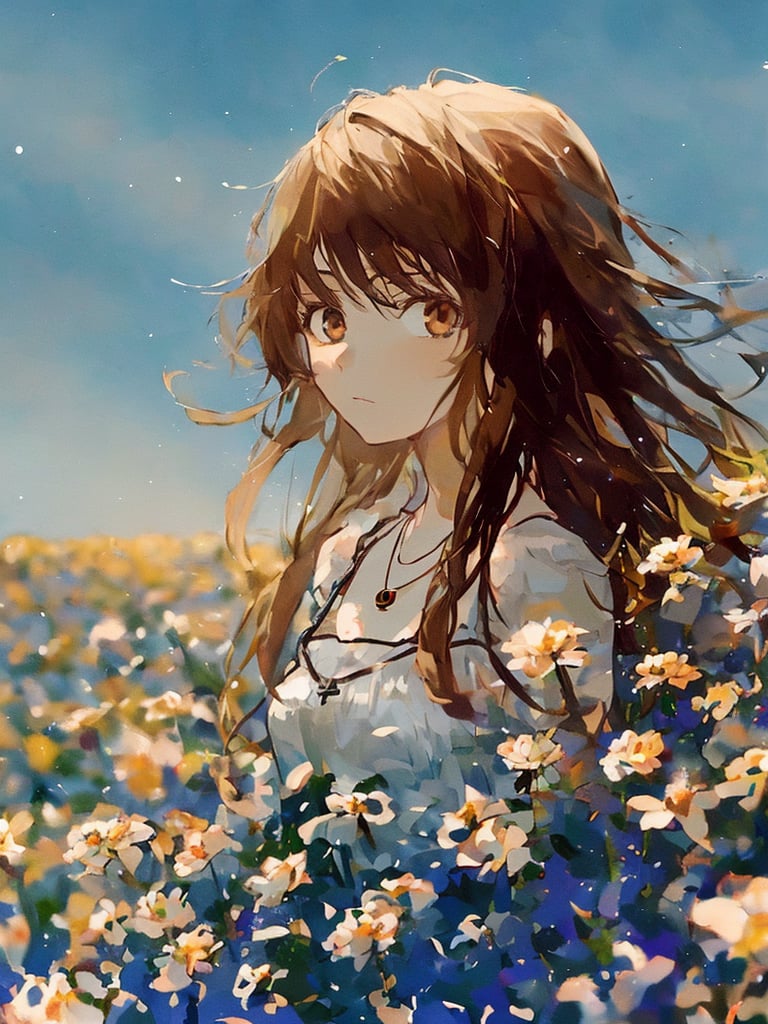 shuic01,1girl,solo,flower,brown hair,blurry background,looking at viewer,outdoors,necklace,blue sky,dress,portrait,upper body,long hair,<lora:SHUICAI01:0.8>,