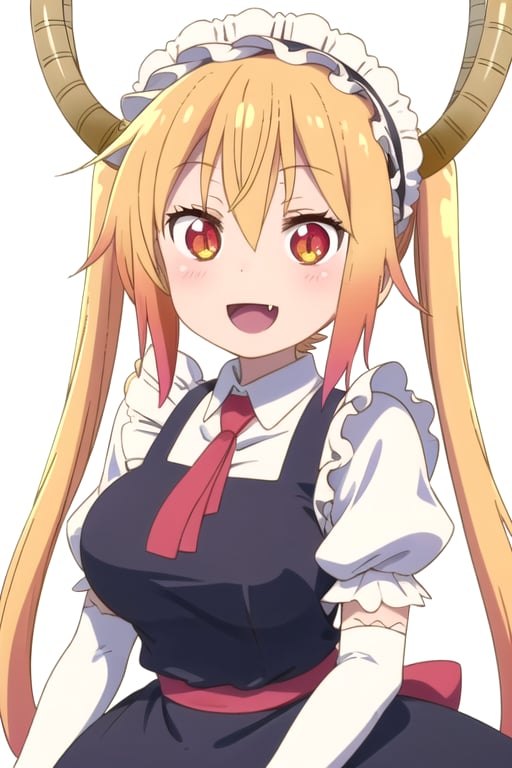 solo, 1girl, looking at viewer, 2D, anime, official style, anime coloring, anime screencap, upper body, (simple background, solid white background:1.3),  <lora:tohru-maidragon:0.8>, tohru, maid, maid headdress, elbow gloves, smile, :d, fang