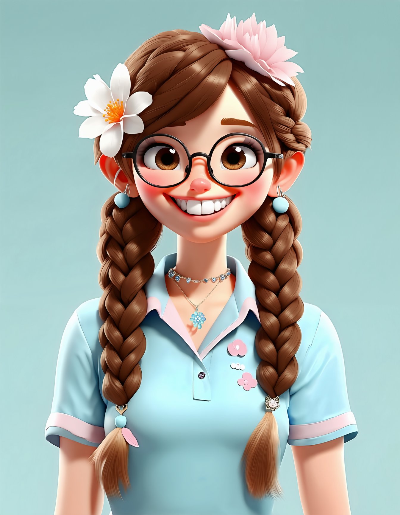 1girl, long hair, looking at viewer, smile, shirt, brown hair, hair ornament, jewelry, brown eyes, upper body, braid, flower, teeth, glasses, necklace, grin, twin braids, blue shirt, round eyewear, realistic, SD3_cartoon_ep10.safetensors