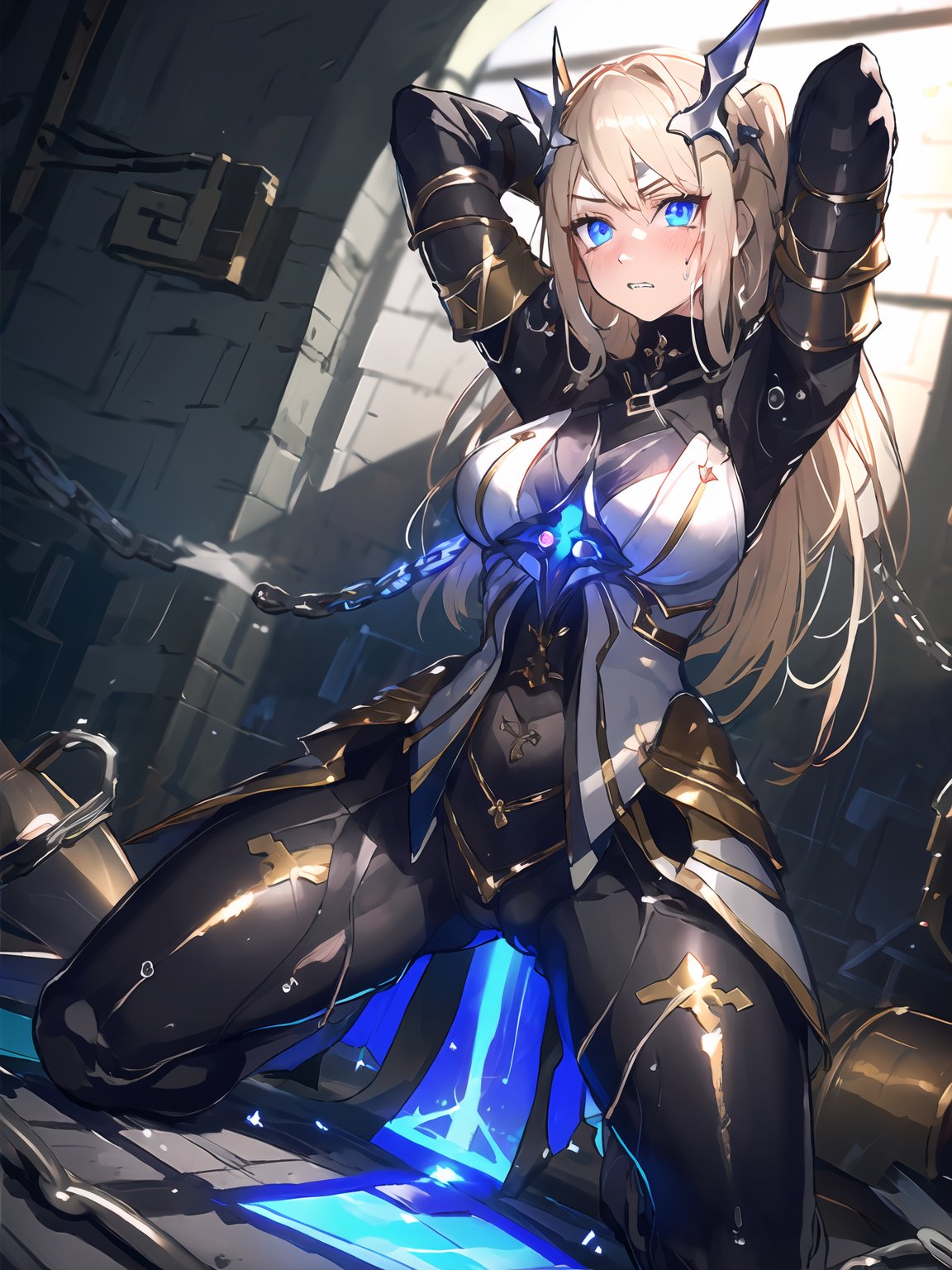 masterpiece,best quality,highres,cinematic lighting,dramatic angle,1girl,<lora:ShadowverseHolySaberV16-000029:0.8:lbw=jiangshi3>,alternative1, hair ornament,long hair,ribbon,glowing,serious,shaded face,black bodysuit,blue eyes,blush,looking at viewer,depth of field,clenched teeth,close-up,pelvic curtain,kneeling,chain,from above,arms up,arms behind back,arms over head,bound wrists,cuffed, wrist cuffs, prison, torn clothes,spread legs,chain bondage,chained,sweat,steaming body, sweatsdrop,wet pussy,huge breasts,thick thighs