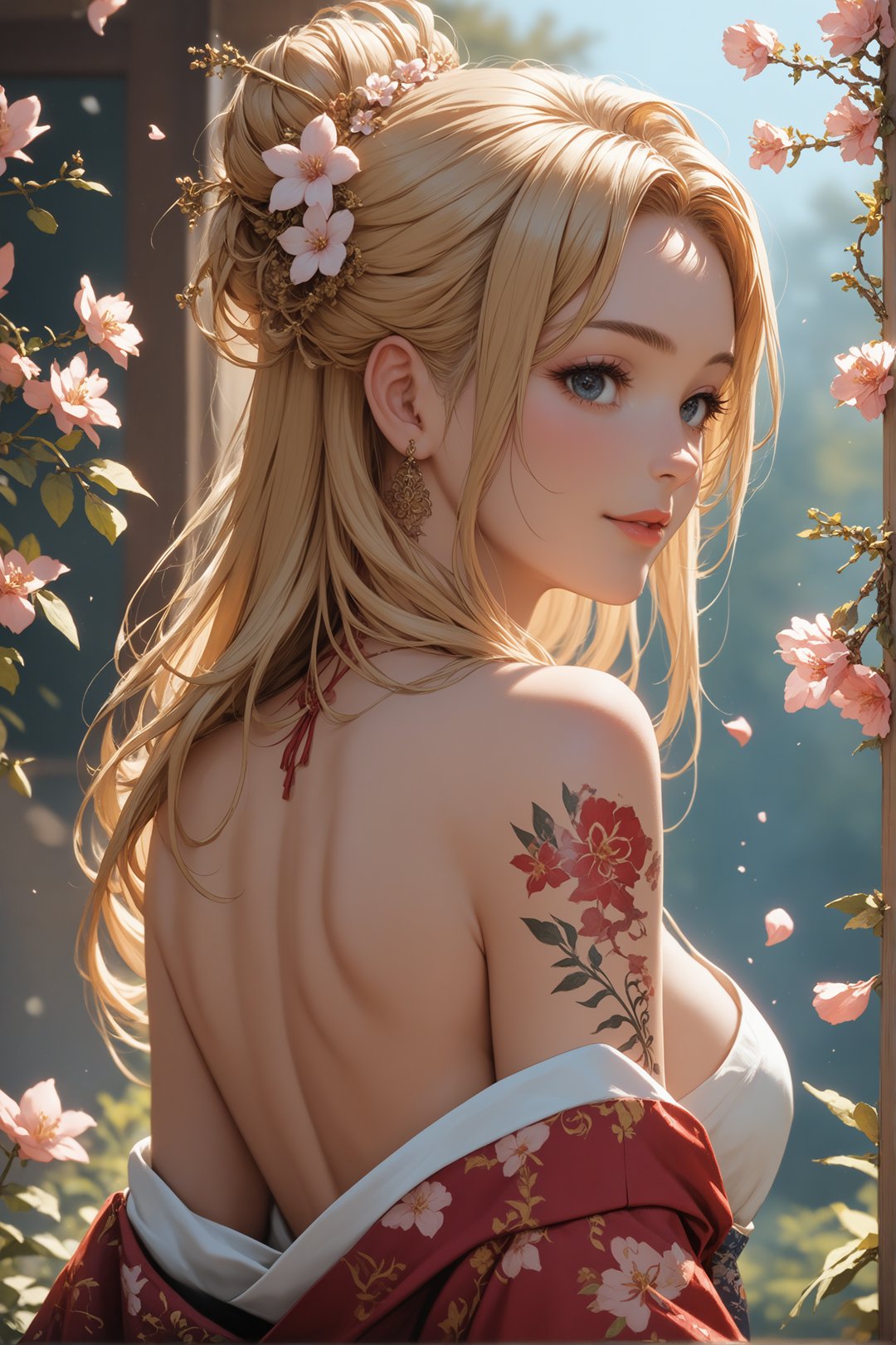 score_9, score_8_up, score_7_up, 1girl, floral kimono, exposed shoulders, from side, beautiful face, thick eyelashes, glossy eyes, blonde hair long hair, cute smile, dark eyeshadow, shoulders tattoos, back tattoos, floral decoration in hair, sakura petals, beautifully backlit, wideshot, tsukuyomi