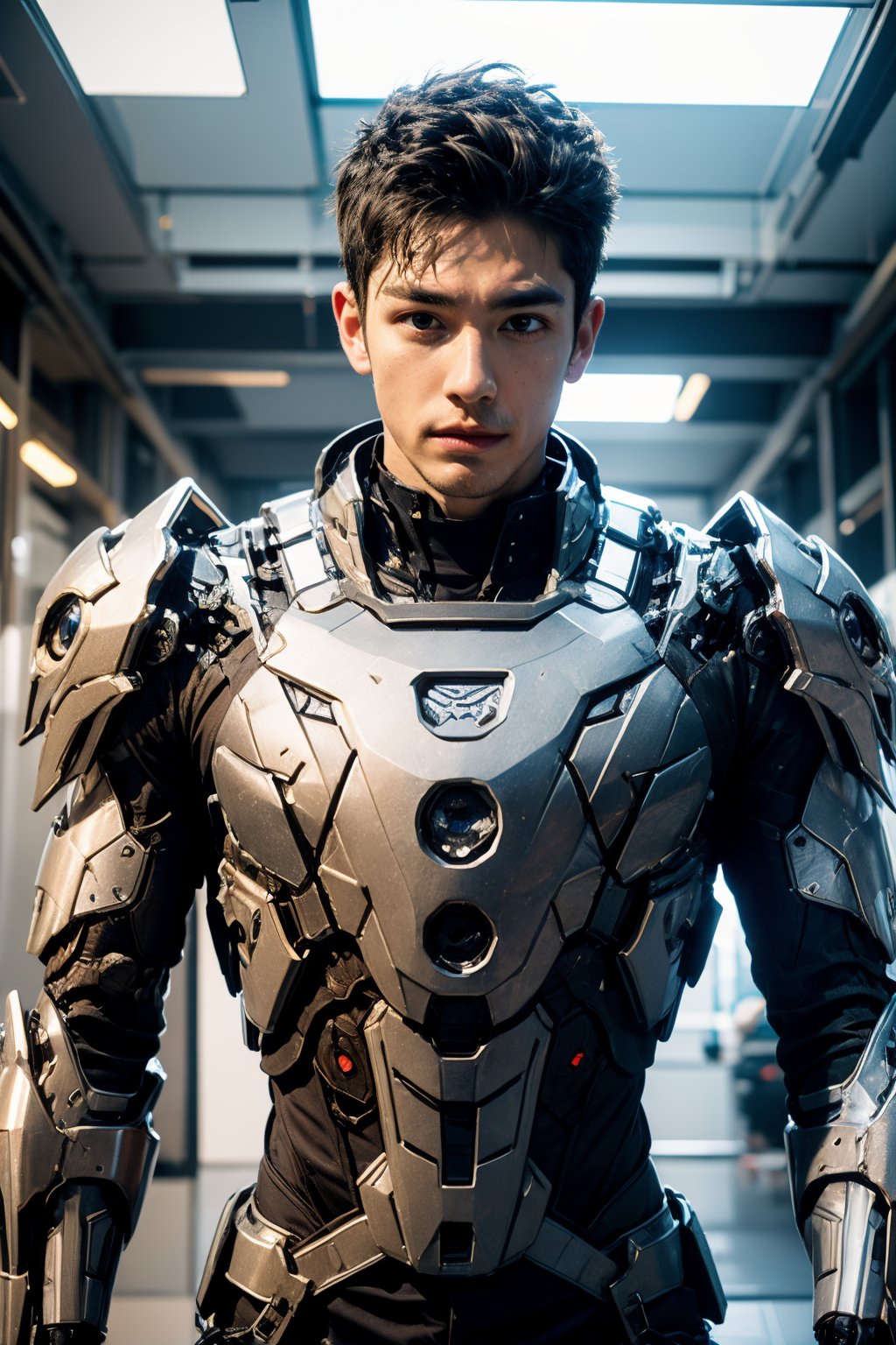 boy, realistic, indoors, looking at viewer, side face, upper body, cyberpunk armor,