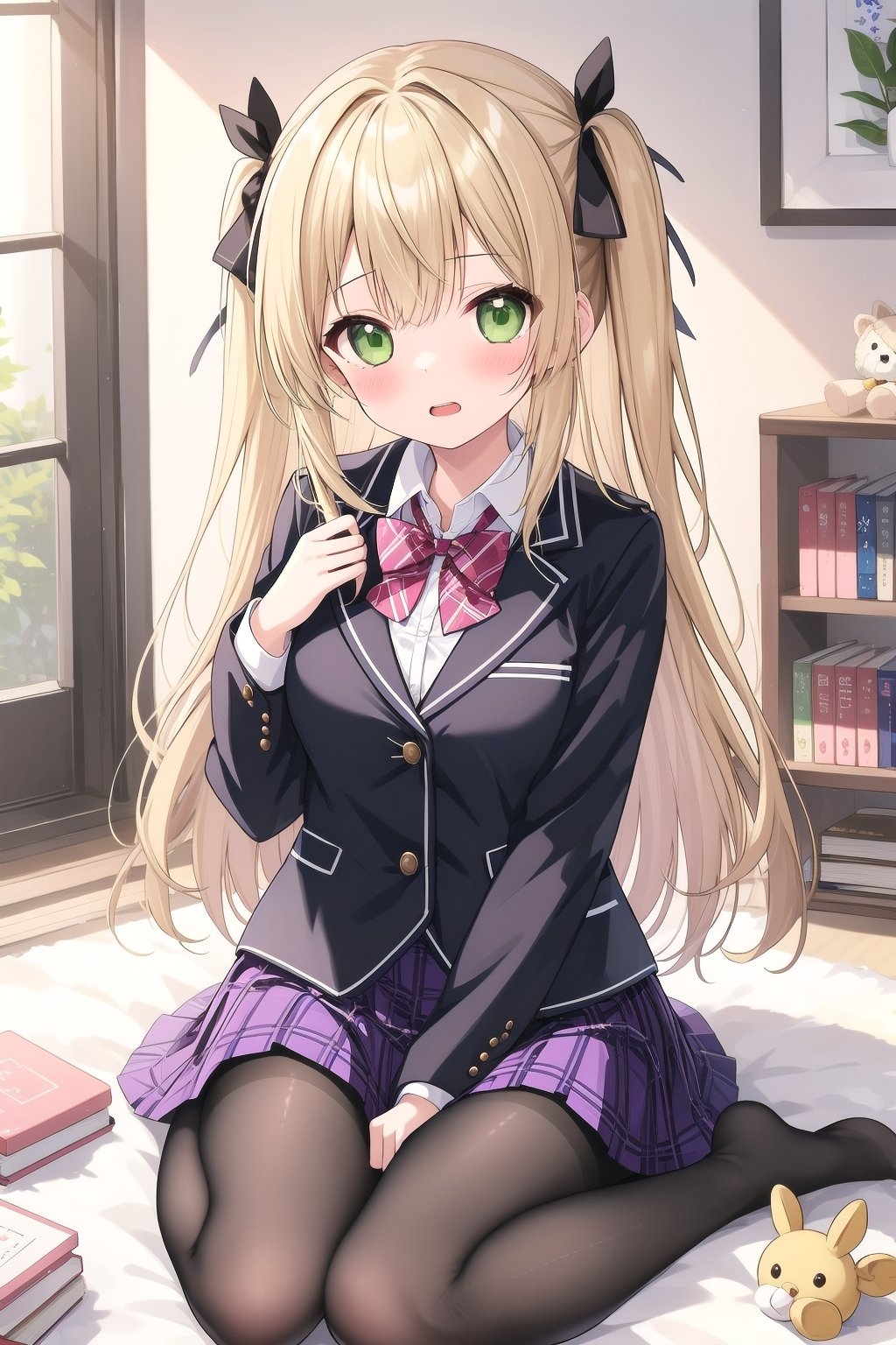 1girl,solo,long hair,breasts,looking at viewer,blush,open mouth,bangs,skirt,blonde hair,shirt,long sleeves,bow,ribbon,sitting,school uniform,green eyes,jacket,hair ribbon,white shirt,pantyhose,pleated skirt,indoors,bowtie,bag,two side up,black jacket,book,black pantyhose,bird,no shoes,eyepatch,stuffed toy,stuffed animal,purple skirt,purple bow,yokozuwari,purple bowtie,cage,fischl \(genshin impact\),