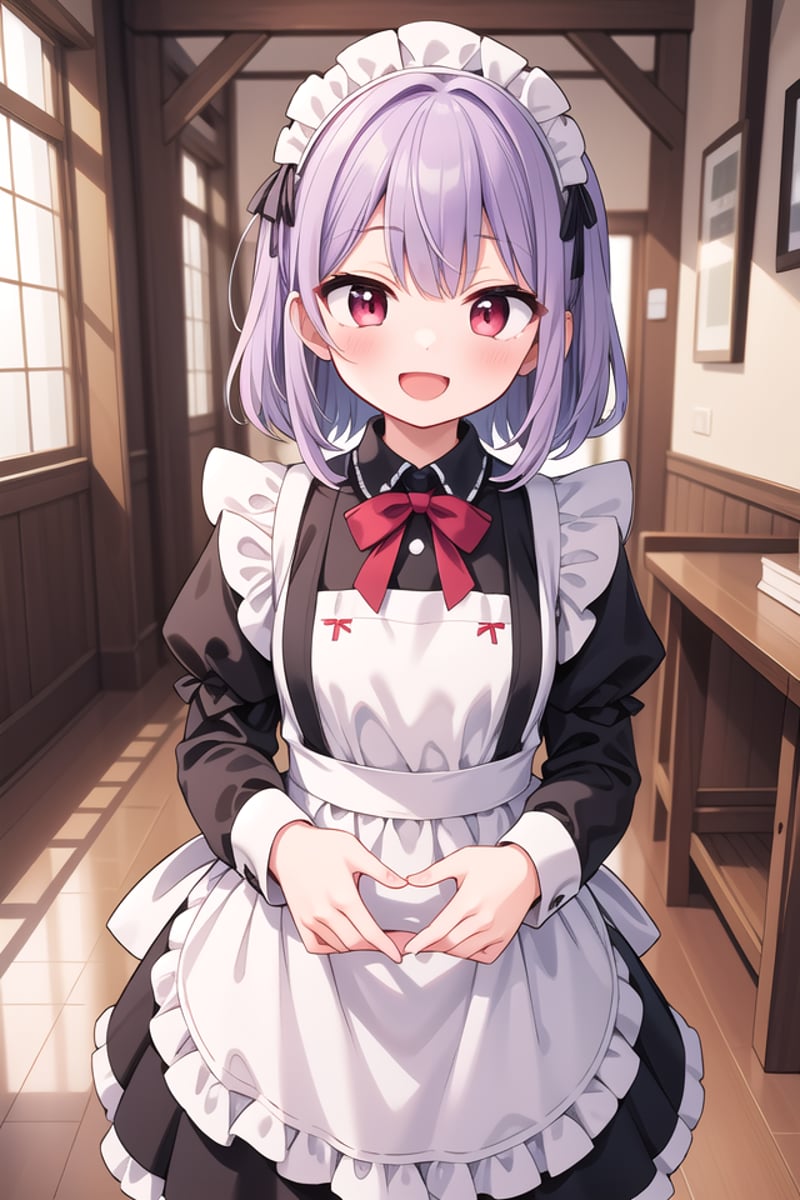 insanely detailed, absurdres, ultra-highres, ultra-detailed, best quality,1girl, solo, nice hands, perfect handsBREAK(cleavage:-1.5),(traditional maid:1.2),apron, blush, bow, bowtie, frilled apron, frills, long sleeves, maid, maid apron, maid headdress, waist apron, white apron,(maid costume, maid hair dress:1.3), long skirtBREAKhappy smile, laugh, open mouthBREAKfrom above,standing, cowboy shot, looking at viewerBREAKslender, kawaii, perfect symmetrical face, ultra cute girl, ultra cute face, ultra detailed eyes, ultra detailed hair, ultra cute, ultra beautifulBREAKfantasy world, in castle, indoors, antique interior, depth of field, ultra detailed backgroundBREAKmedium large breastsBREAK(purple hair, red eyes), medium hair, hime cut