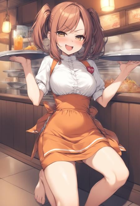 1girl, <lora:sdxl2-flat2-512b:-1>,medium breasts,solo,<lora:annamillerXLv2:0.8>,anna miller ,waitress,name tag,high-waist skirt,suspender skirt, apron,from above, feet out of frame, looking ahead, smug face,  open mouth,restaurant,best quality,medium quality,