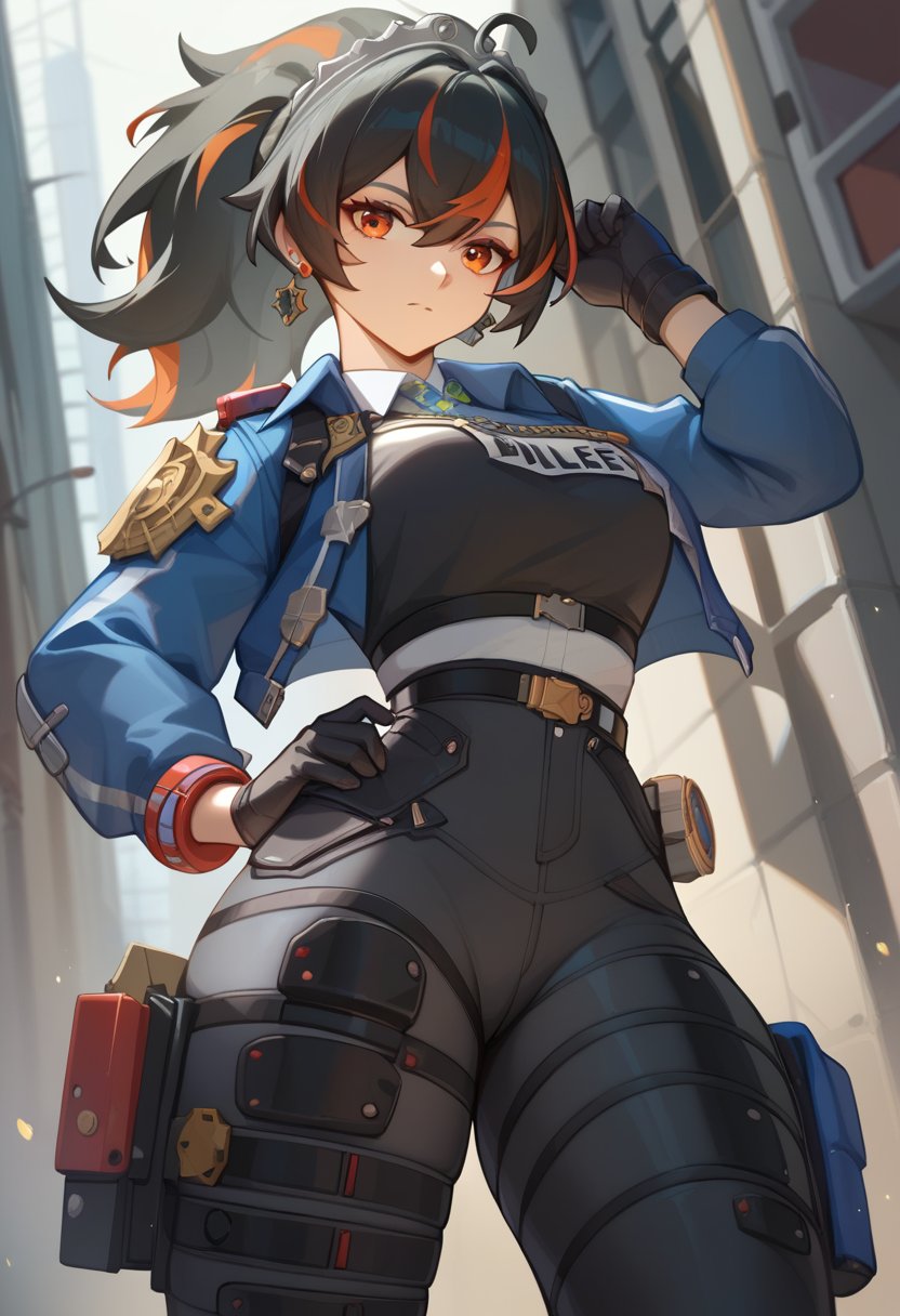 score_9,score_8_up,score_7_up,<lora:zhu_yuan:1>,checkered_necktie, blue_jacket, high-waist_pants, zhu_yuan, 1girl, english_text, policewoman, official_art, solo, police_badge, earpiece, highres