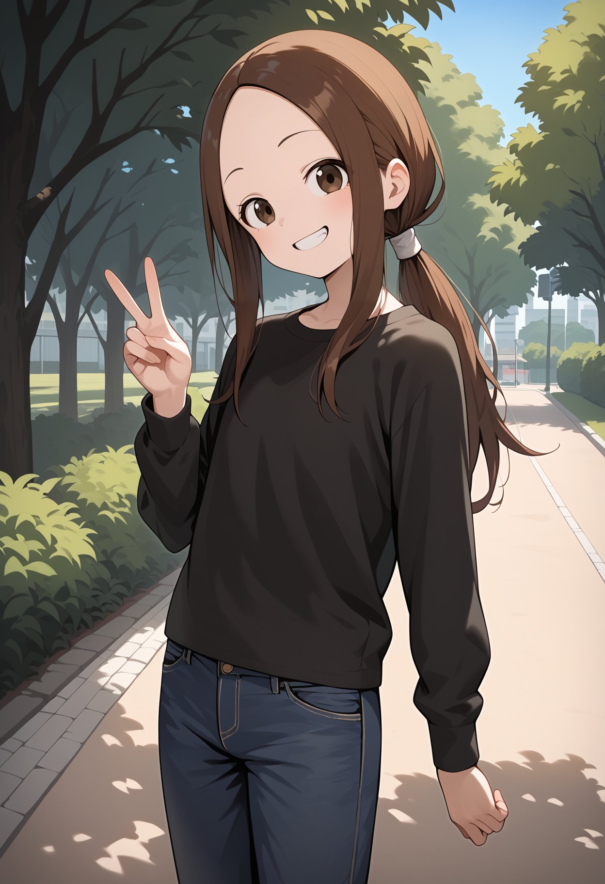 score_9, score_8_up, score_7_up, score_6_up, score_5_up, score_4_up, source_anime, aatakagi, solo, aged up, long hair, brown hair, low ponytail, parted bangs, black shirt, long long sleeves, jeans, pants, <lora:takagi-san_ponyxl_v1:0.9>, outdoors, peace sign, park, smile