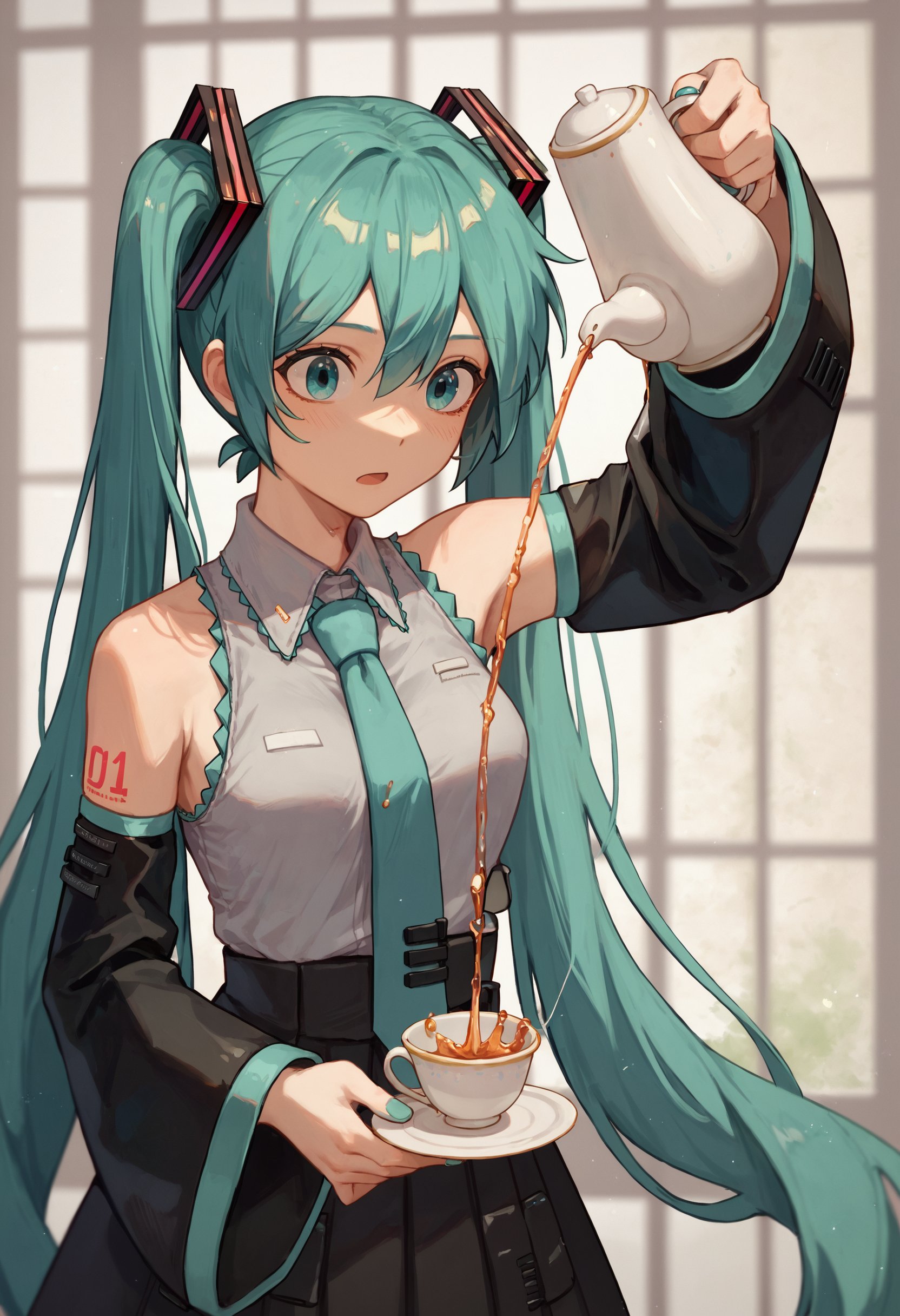 score_9, score_8_up, score_7_up, 1girl, pouring, holding cup, holding teapot, hatsune miku<lora:holding_teapot_pouring_3_final_d32:1>