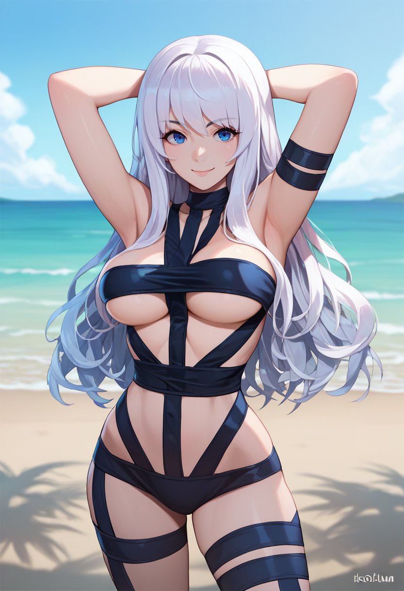 score_9, score_8_up, score_7_up, source_anime, solo, 1girl, smile, looking at viewer, standing, arms behind head, long hair, white hair, blue eyes, hotlimit, revealing clothes, underboob, large breasts, outdoors, ocean <lora:attire_hotlimit_ponyXL:1>