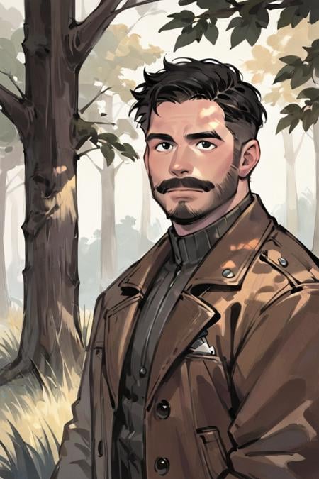 score_9, score_8_up, score_7_up, score_6_up, score_5_up, score_4_up, rating_safe, facial hair, 1boy, male focus, solo, beard, mustache, looking at viewer, brown jacket, black hair, black eyes, tree, closed mouth, window, grass, short hair, jacket, upper body, portrait <lora:Ink Style LoRA XL:0.7>