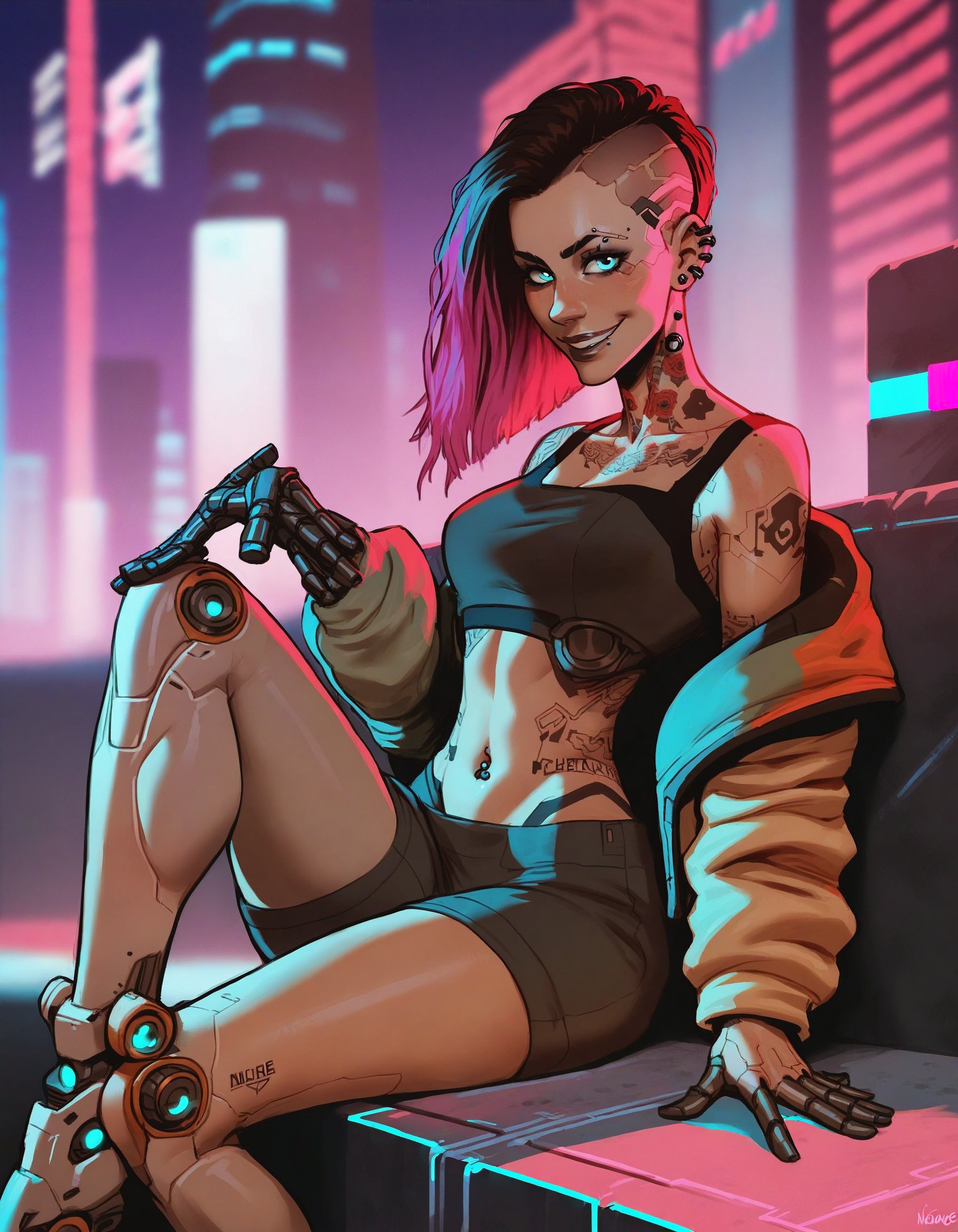1girl, female, solo,cyberpunk, cyborg, cybernetic implants, science fiction,multicolored hair, looking at viewer, smile, piercings, tattoo,sitting, dangling legs, overlooking city, cityscape, night city, neon lights, blurred background, midriff,BREAKscore_9, score_8_up, score_7_up, source_cartoon, rating_safe<lora:incase_style_v3-1_ponyxl_ilff:1>