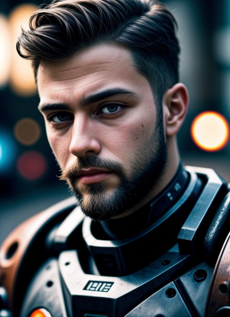 close up Portrait photo of muscular bearded guy in a worn mech suit, ((light bokeh)), intricate, (steel metal [rust]), elegant, sharp focus, cinematic still shot, soft lighting, vibrant colors, masterpiece, ((streets)), detailed face