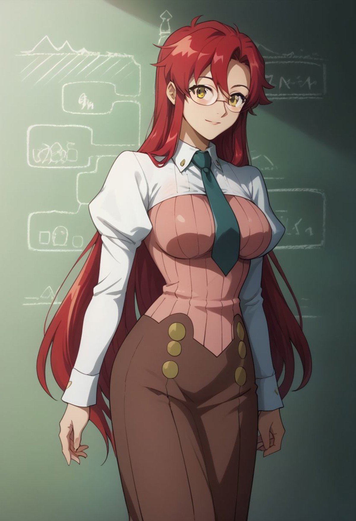 score_9, score_8_up, source_anime, highly detailed, 1girl, soloyoko_teacher, 1girl, glasses, teacher, aged up, solo, long hair, red hair, necktie, long skirt, skirt, yellow eyes, hair down, high heels, very long hair, large breasts,uindoor, upper body,