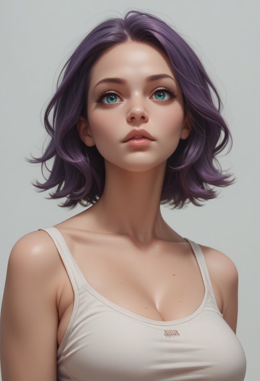 score_9, score_8_up, score_7_up, score_6_up, score_5_up, score_4_up, 1girl, beige skin, large breasts , lips, quiff hair, purple hair, teal eyes, wearinghaik , upper body, simple background, 