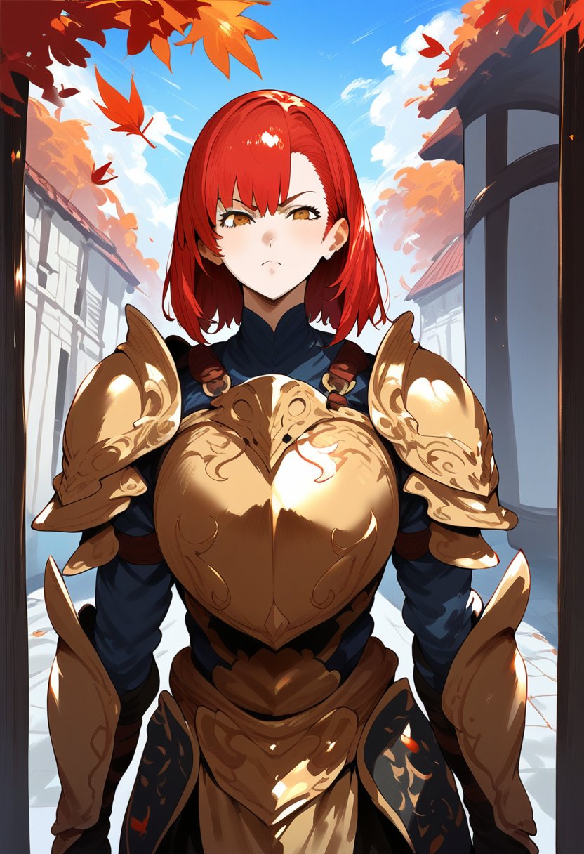 tss, score_9, score_8_up, score_7_up, <lora:STS 0.4v:1>, 1girl, warrior, red hair, golden armor, arched doorway, autumn leaves, standing, serious expression, fantasy, detailed