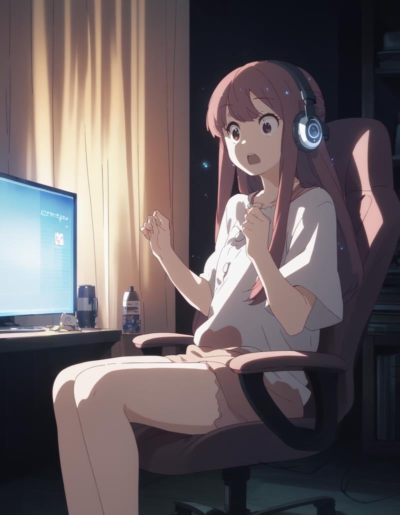 score_9,  score_8_up, score_7_up, source_anime, <lora:rin-ponyxl:0.9> rnshltr, headphones,1girl, solo, caught, surprised, sitting, gamer chair, screen light, looking at screen, dim lighting, night,