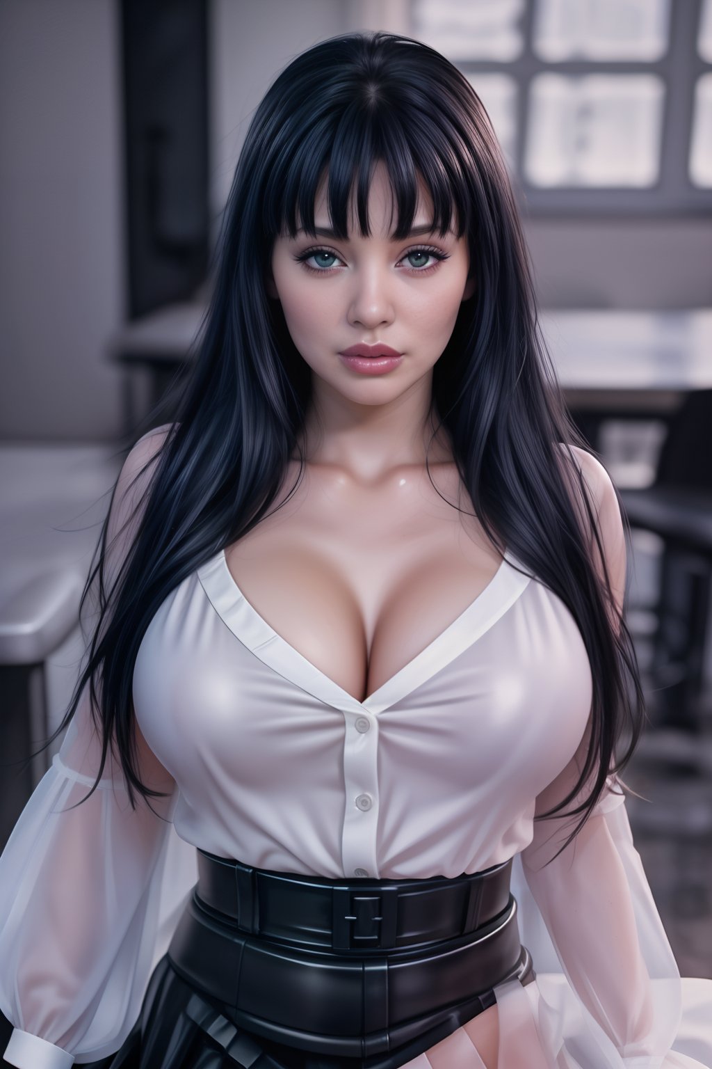 413tt4 0c34n, a woman (photorealistic masterpiece:1.4), (raw photo:1.2), (best quality:1.4), (detailed face:1.2) (detailed eyes:1.2), large file size, photo lighting, eyeliner, kawaii, (long wavy black hair:1.3) ((expressionless eyes)), green eyes (large breasts:1.3), pink lips, (secretary white half-open blouse and black skirt in leather:1.4), (seated figure:1.3), at the university.<lora:aletta-ocean:0.9><lora:pytorch_lora_weights:1>