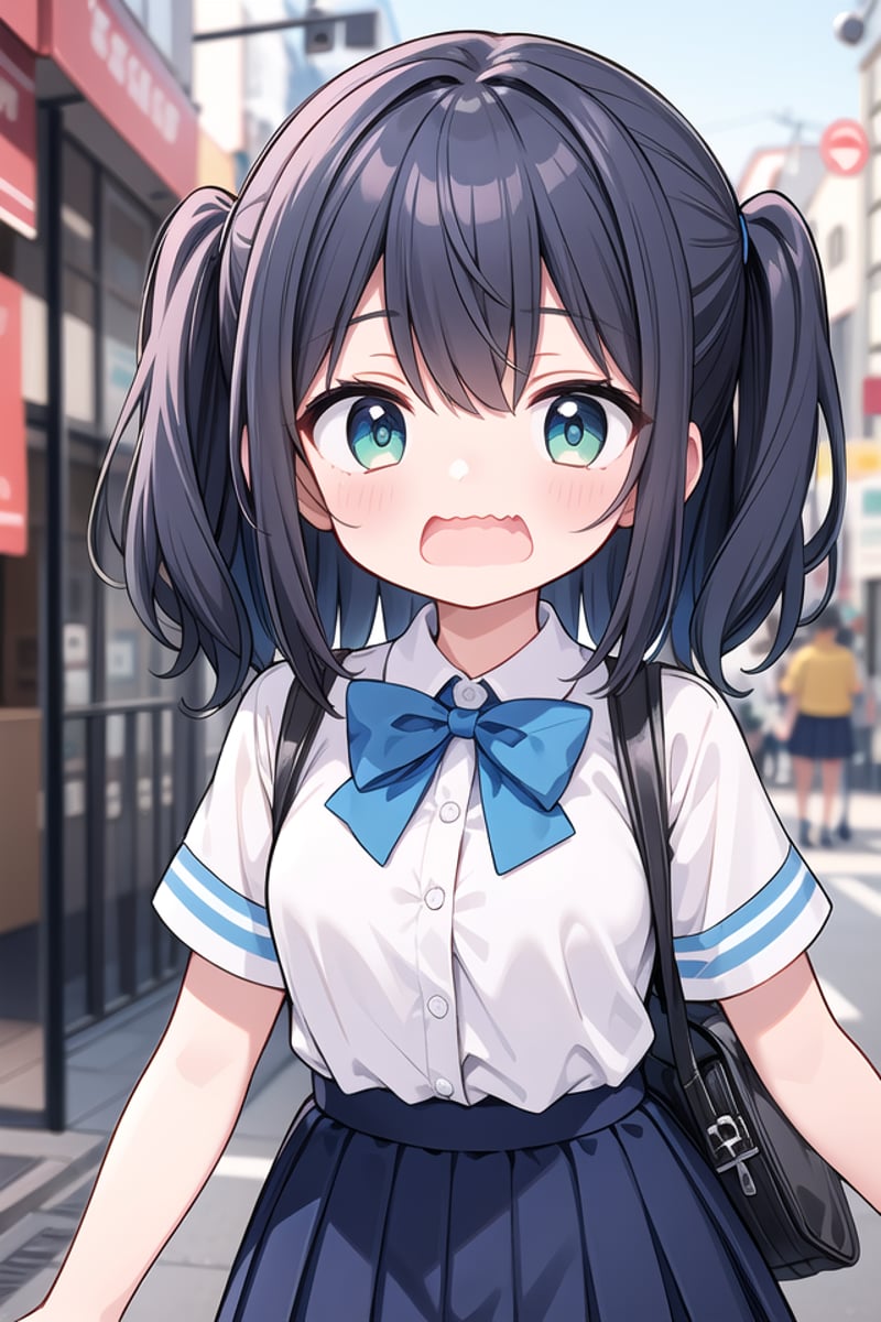 <lora:wavymouth_type7_v100:1>insanely detailed, absurdres, ultra-highres, ultra-detailed, best quality,1girl, solo, nice hands, perfect handsBREAKsummer school uniform, (plain dark blue skirt with many pleats:1.4), (striped indigo blue bowtie:1.3), short sleeves, white shirt, shirt with white button, shirt_tucked_inBREAK(breast pocket, vest, blazor, long sleeves, checked skirt, striped skirt, striped shirt, striped sleeves, bra visible through clothes, skirt with frill:-1)BREAK(nsfw:-1.5)BREAKsurprised, open mouthBREAK45 angle,standing, cowboy shot, looking at viewerBREAKslender, kawaii, perfect symmetrical face, ultra cute girl, ultra cute face, ultra detailed eyes, ultra detailed hair, ultra cute, ultra beautifulBREAKin japanese street, cityscape in japan, depth of field, ultra detailed backgroundBREAKlarge breastsBREAKorange hair, green eyes, twist out,