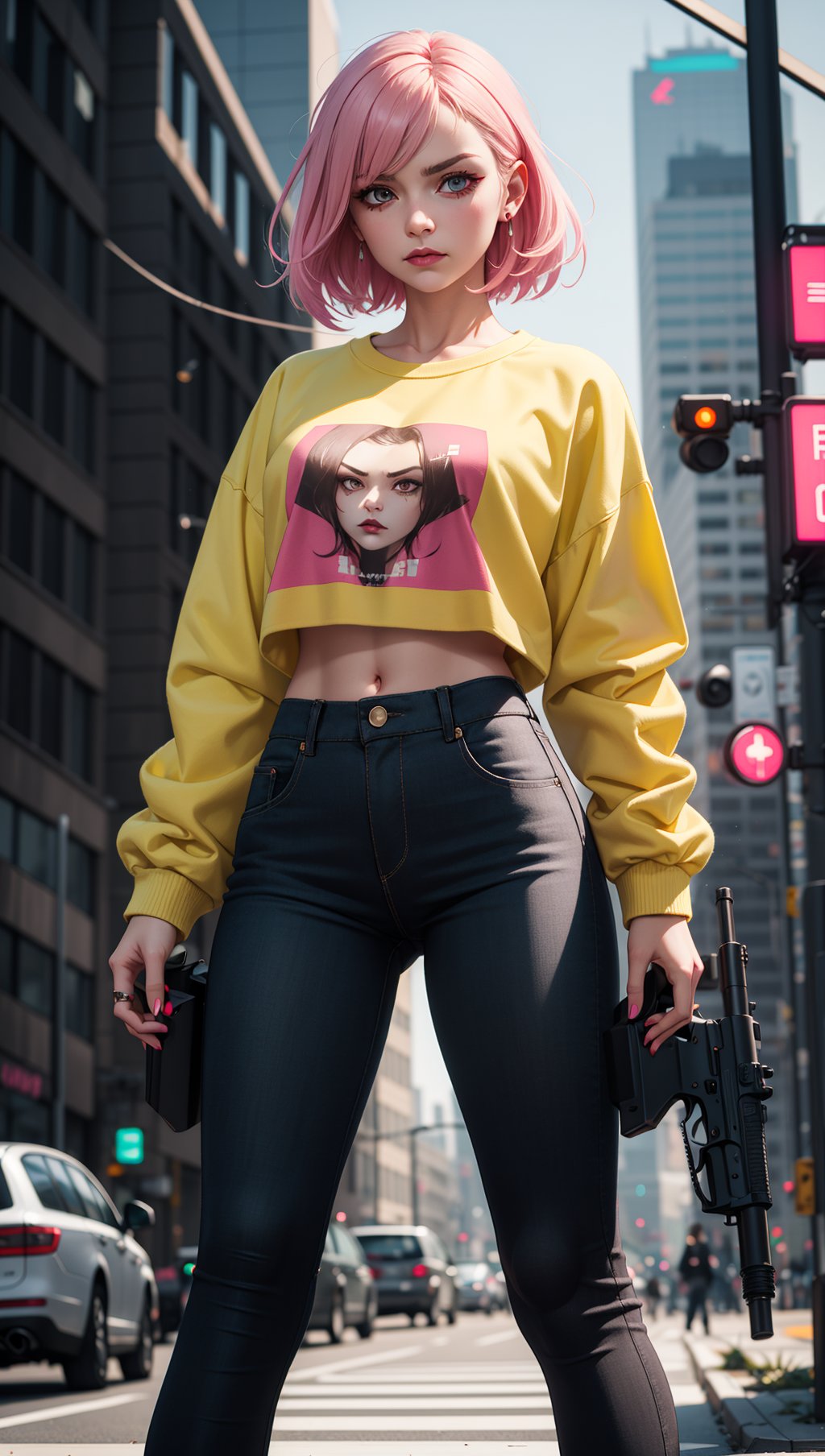 dark gothic cyberpunk woman,defiant face,pastel colors,in clothes,colorful hair,light yellow sweatshirt,pants,black,with pink,guns hd,high detail,huoshen,TheLastOfUs,mgln,