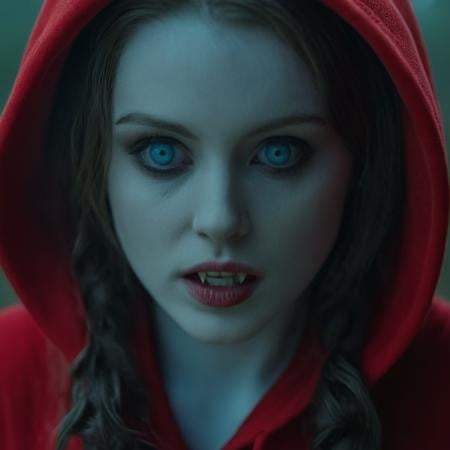 cinematic film still of  <lora:vampire style v2:0.9> <lora:celluloid film skintone color style:0.3>Vampire pale skin undead creatures of the night a closeup of a little red vampire pale skin woman with a red hoodie on,1girl,solo,looking at viewer,blue eyes,brown hair,parted lips,hood,lips,letterboxed,portrait,hood up,freckles,realistic,red hood,cinematic,filmic,realistic,movie still,horror themed,vampire style , detailed, detailed background, detailed scene, detailed teeth, detailed fangs <lora:Little Red Riding Hood style:0.5>, shallow depth of field, vignette, highly detailed, high budget, bokeh, cinemascope, moody, epic, gorgeous, film grain, grainy