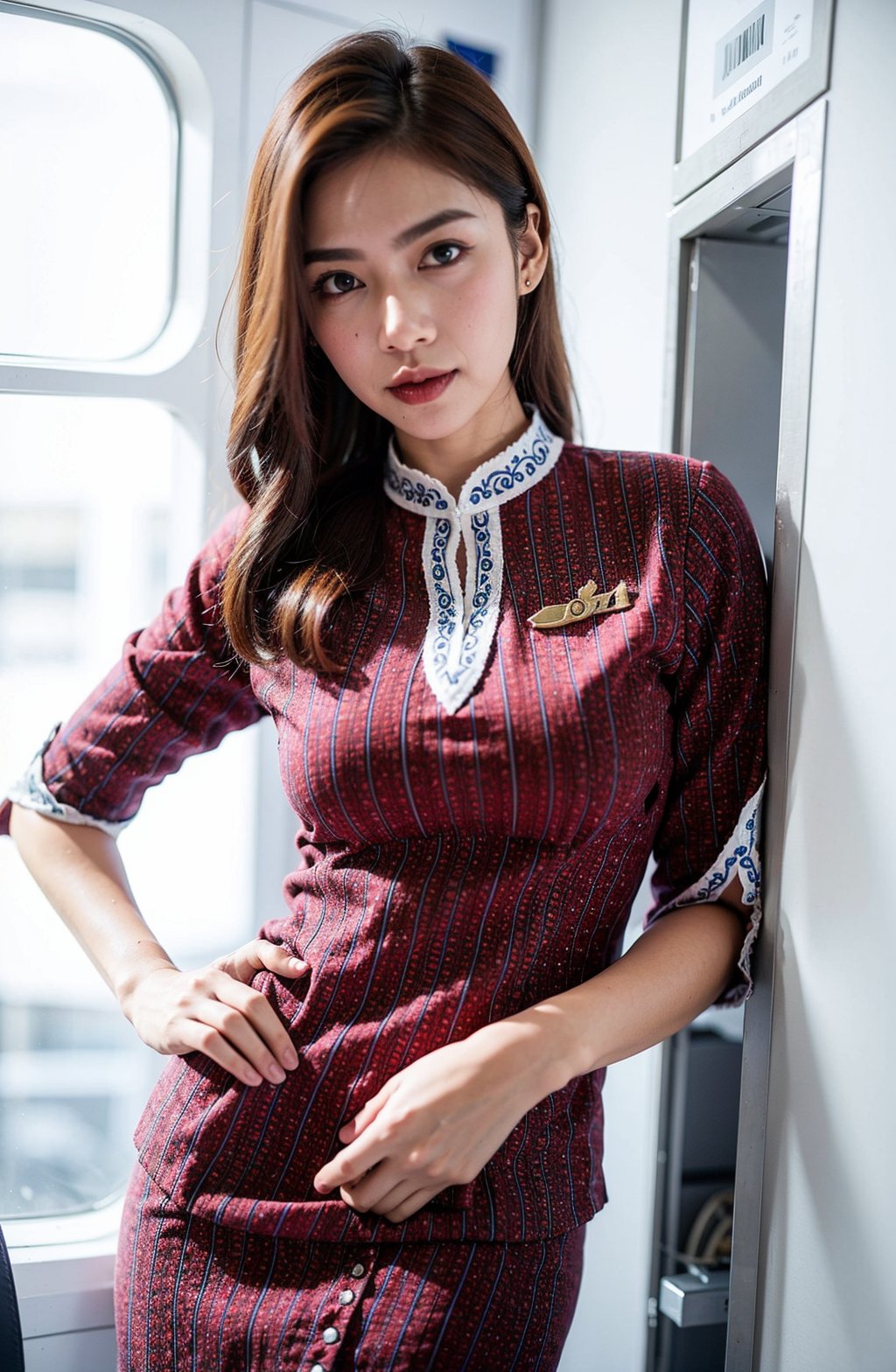 photo of lionair uniform, solo focus, masterpiece, standing,  hand on hips, posing for a photo,  (detailed face), simple white background, medium shot <lora:lionair:0.8>,gigantic breast