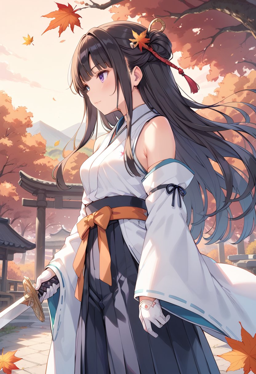 score_9, score_8_up, score_7_up, BREAK1girl, white shirt, open shirt, sleeveless shirt, white kimono, japanese clothes, black skirt, hakama, detached sleeves, white sleeves, hair ornament, white gloves, bare shoulders, white collar, orange belt, cowboy shot, holding sword, outdoors, autumn, autumn leaves, outdoors, sunset, twilight, starry sky, night sky, black hair, long hair, from side,  looking to the side, falling leaves, 