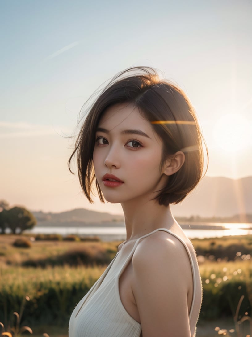 Best quality,masterpiece,ultra high res,photorealistic,raw photo,unity 8k wallpaper,panorama,cinematic lighting,on grass,sunset,dappled sunlight,golden hour lighting,backlighting,blurry background,(lens flare),wind,pastel colors,soft light,1girl,floating short hair,sad,upper body,