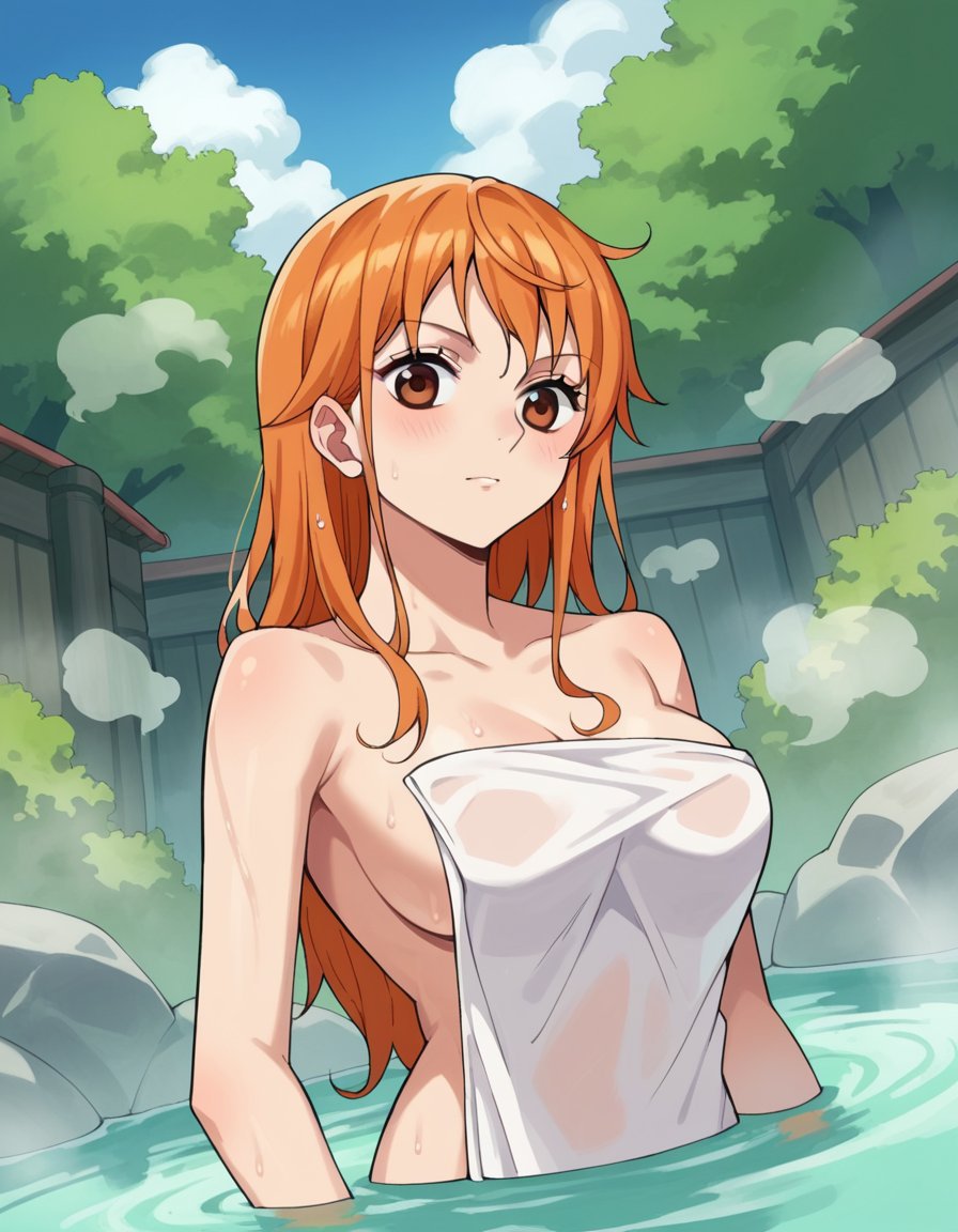 score_9, score_8_up, score_7_up, source_anime,onepiecenami, <lora:one-piece-nami-s15-ponyxl-lora-nochekaiser:1>nami, long hair, orange hair, brown eyes,nude, naked, outdoors, onsen, towel, naked towel, steam, bathing, nude cover, partially submerged, water, bath, steam censor, wet towel,looking at viewer, dutch angle, cowboy shot