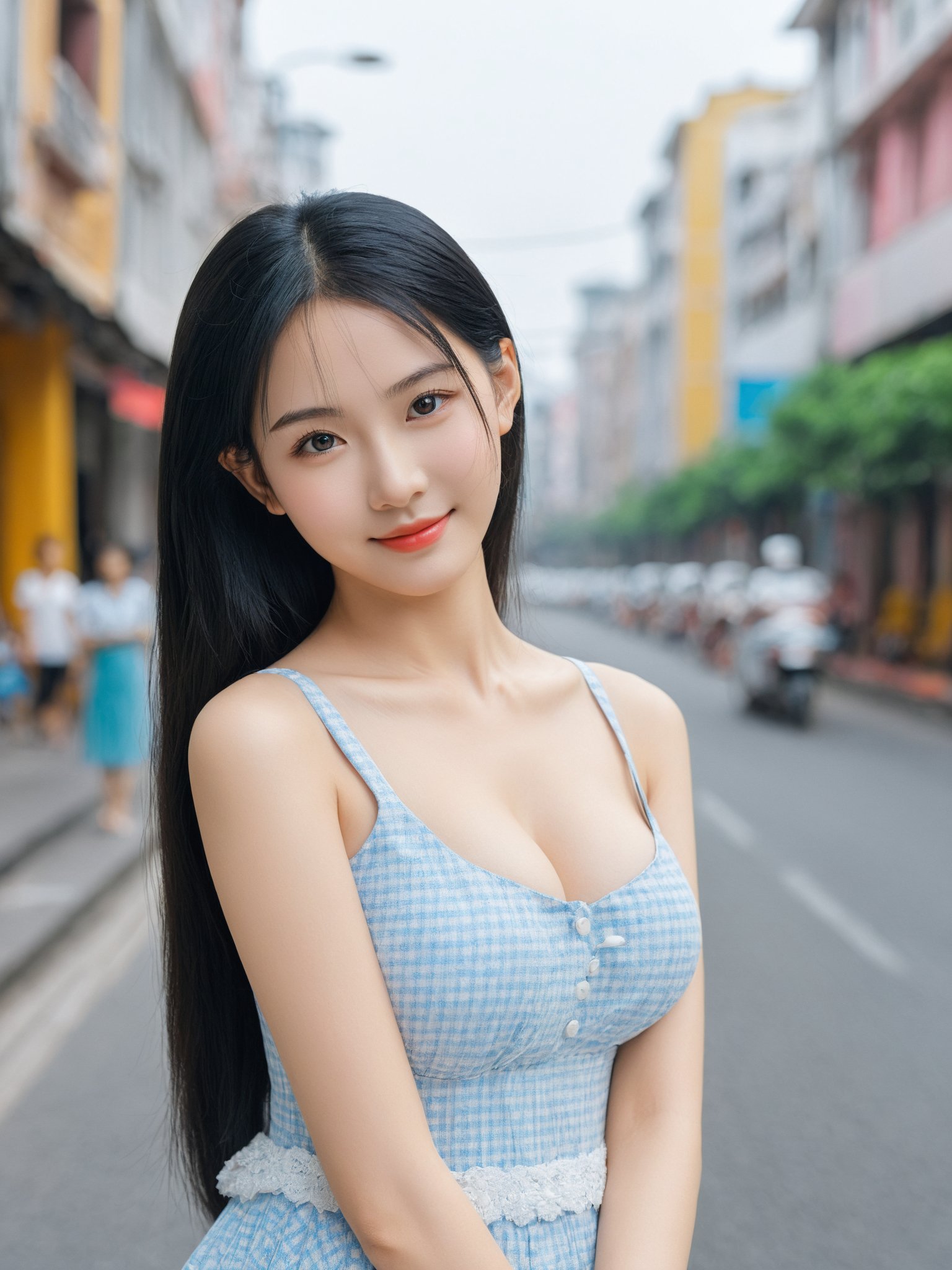 masterpiece, best quality, realistic, photo, real, incredibly_absurdres, Ultra HD,Affectionately looking at you,8K,UHD,in the city street,simple background, upper body, arms behind head,arms behind back , bust photo,The 20-year-old vietnamese girl, full body ,She has black hair. The lines of her face are soft and smooth. Her skin is as fair as snow, soft and delicate, and her eyes are bright and bright, deep and mysterious, making people feel endless charm and appeal. The eyebrows are slender and graceful, the nose is straight and noble, the lips are rosy and seductive, and the slightly raised angle reveals confidence and elegance. Her facial features are delicate and three-dimensional, with well-defined contours, like a fine painting or a finely carved work of art. The overall feeling is gentle, elegant, noble and full of charm.masterpiece, best quality, realistic, photo, real, absurdres, incredibly_absurdres, huge_filesize, bust, girl, kawaii, adorable girl, bishoujo, ojousama, idol, student, long hair, black hair, beautiful detailed eyes, looking at viewer, seductive smile, black eyes, large breasts, arms behind back ,