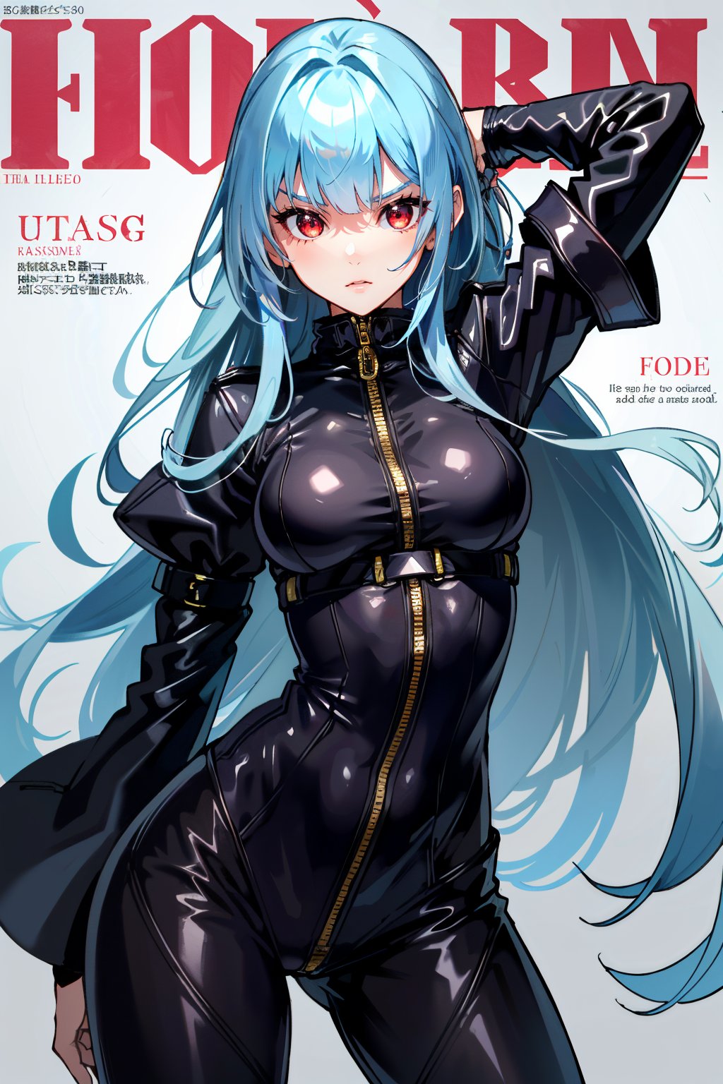 ((ultra detailed, masterpiece, absurdres)) <lora:KOFKulaD:0.9>KOFKulaD, 1girl, long hair, blue hair, red eyes, bangs, as the cover model for a fashion magazine, fierce pose, wearing a bold and edgy outfit