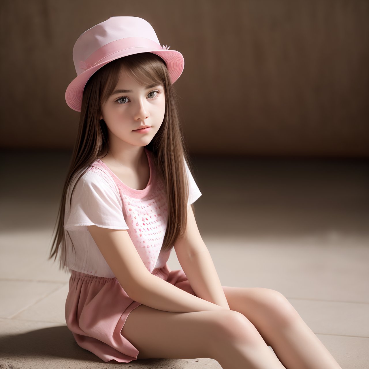 SFW, (masterpiece:1.3), wallpaper, full body portrait of stunning (AIDA_LoRA_HanF:1.05) <lora:AIDA_LoRA_HanF:0.83> in a pink shirt and with a white hat sitting on the floor, stone floor, stone surface, stone texture, young girl, pretty face, intimate, intricate pattern, studio photo, kkw-ph1, hdr, f1.5, getty images