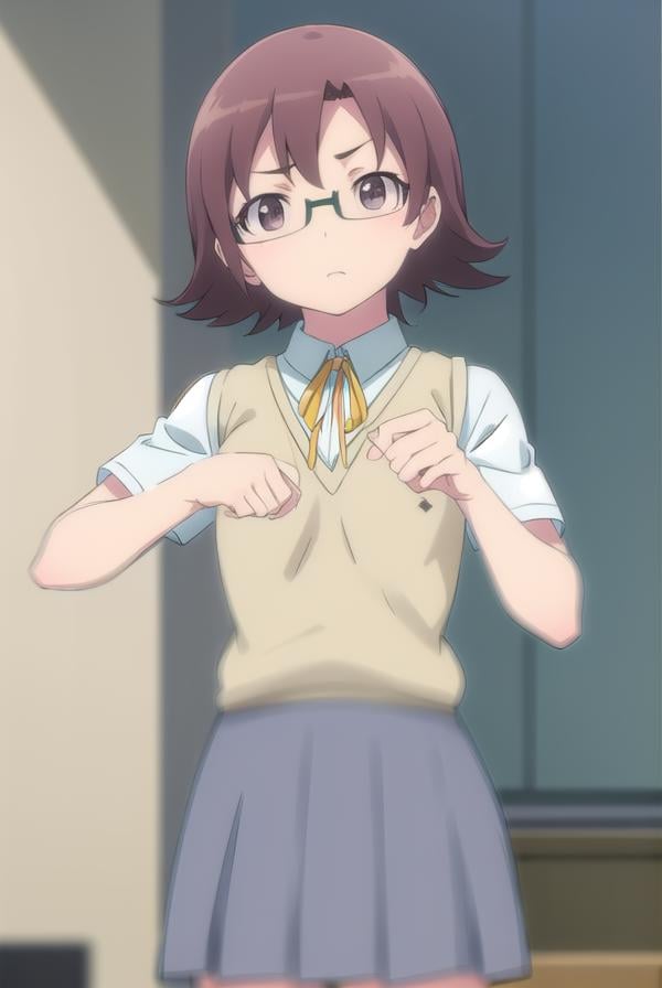 senaakagi, <lora:sena akagi s2-lora-nochekaiser:1>,sena akagi, short hair, brown hair, glasses, (brown eyes:1.5),BREAK skirt, ribbon, school uniform, sweater vest, grey skirt, shirt, white shirt, collared shirt,BREAK indoors, classroom,BREAK looking at viewer, (cowboy shot:1.5),BREAK <lyco:GoodHands-beta2:1>, (masterpiece:1.2), best quality, high resolution, unity 8k wallpaper, (illustration:0.8), (beautiful detailed eyes:1.6), extremely detailed face, perfect lighting, extremely detailed CG, (perfect hands, perfect anatomy),