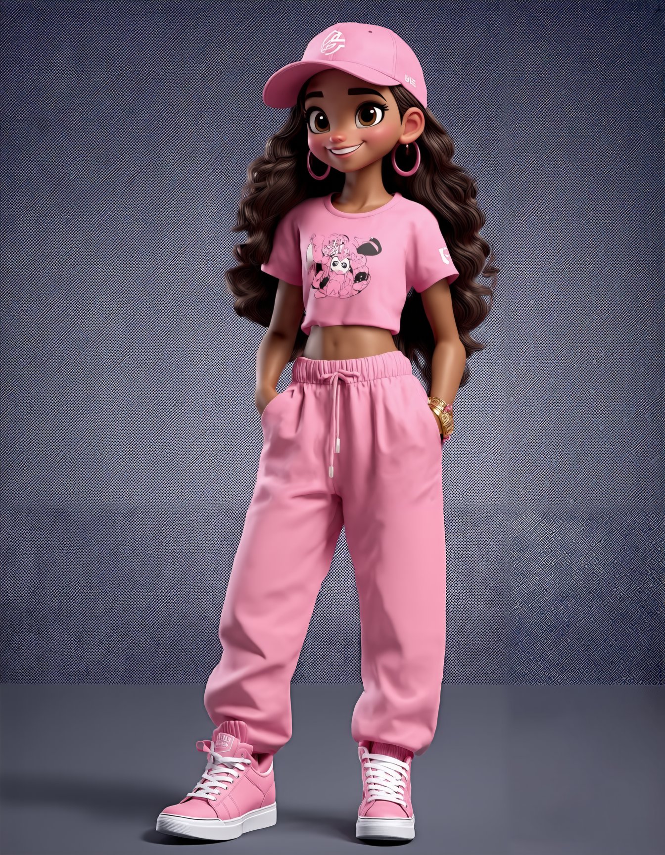 3D cartoon, cartoon style, 3D render, 1girl, long hair, looking at viewer, smile, shirt, hat, jewelry, standing, full body, earrings, shoes, pants, dark skin, necklace, bracelet, dark-skinned female, makeup, sneakers, t-shirt, baseball cap, pink shirt, curly hair, hoop earrings, pink footwear, hands in pockets, pink headwear, print shirt, baggy pants, backwards hat, pink pants, character print, sweatpants, k-pop, SD3_cartoon_ep10.safetensors