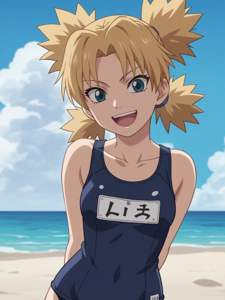 score_9, score_8_up,source_anime,1girl, ytemari, blonde hair, quad tails, blue eyes,arms behind back, (onepiece school swimsuit), name tag, open mouth, smile, happy, solo, looking at viewer, sea, sand, blue sky, tropical island background, anime screencap, anime coloring  <lora:TemariGeninXL:1>